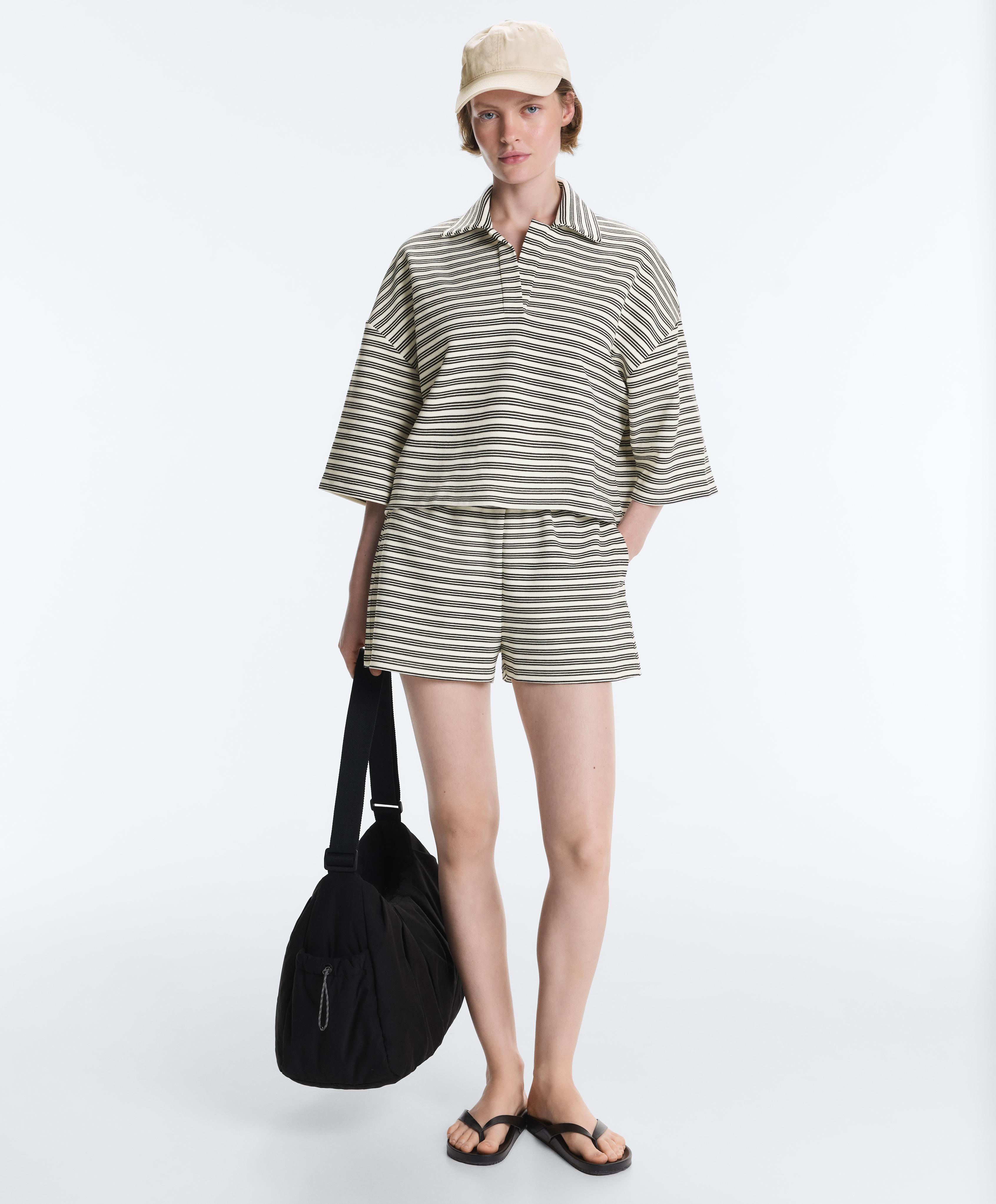 Relaxed striped cotton blend polo shirt — PALE ECRU