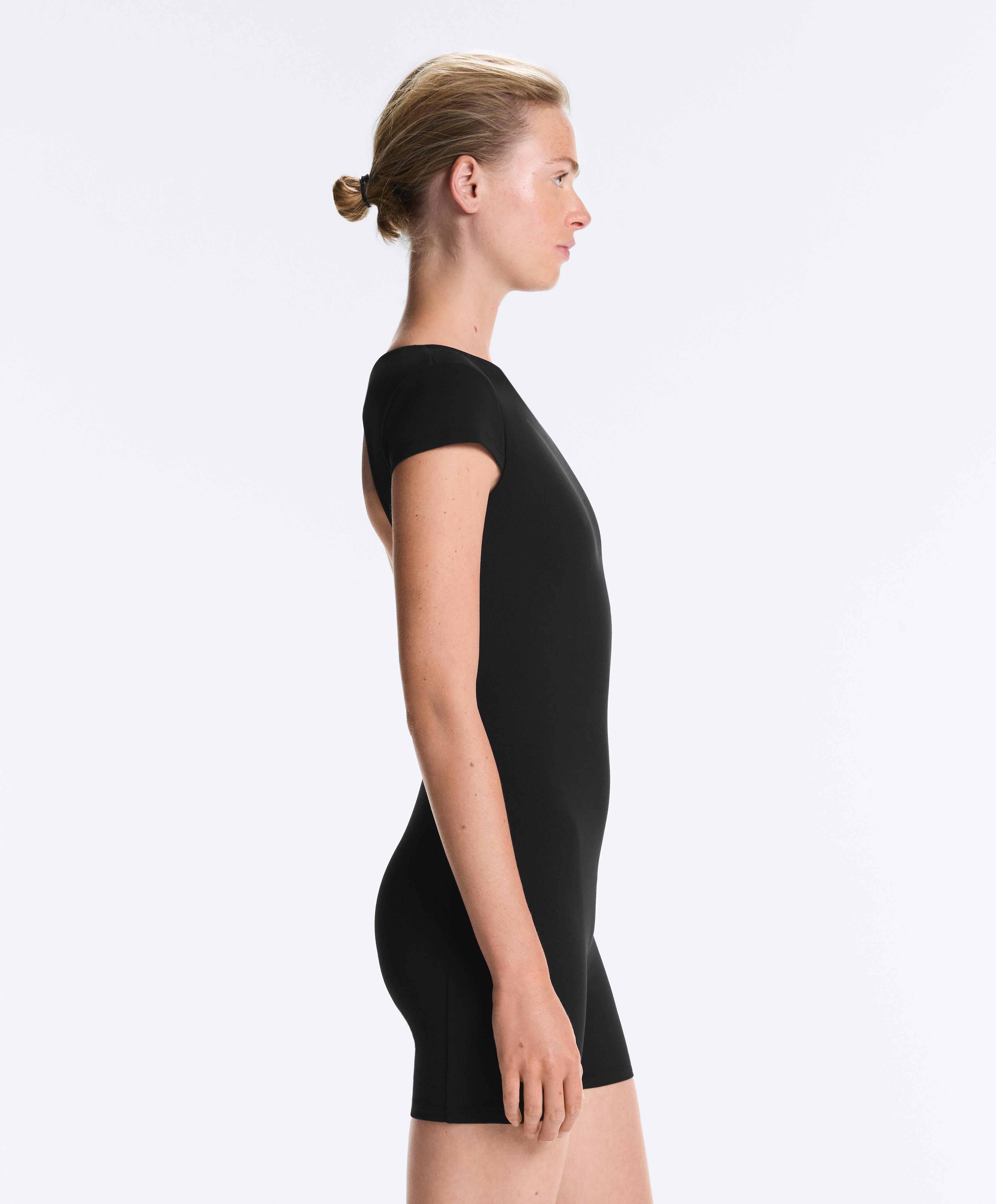 Comfortlux open-back short jumpsuit — BLACK