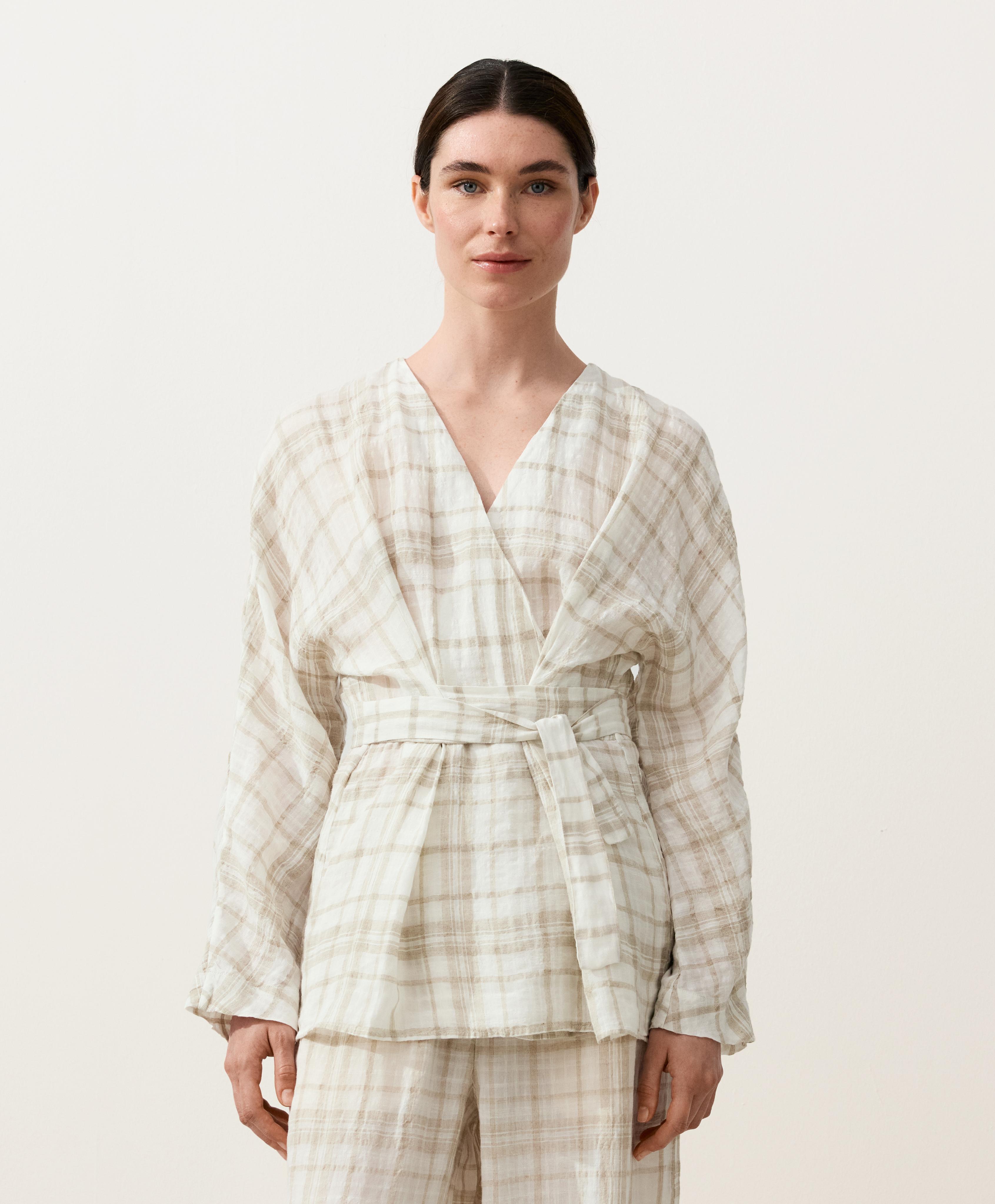 Check linen and lyocell blend kimono shirt