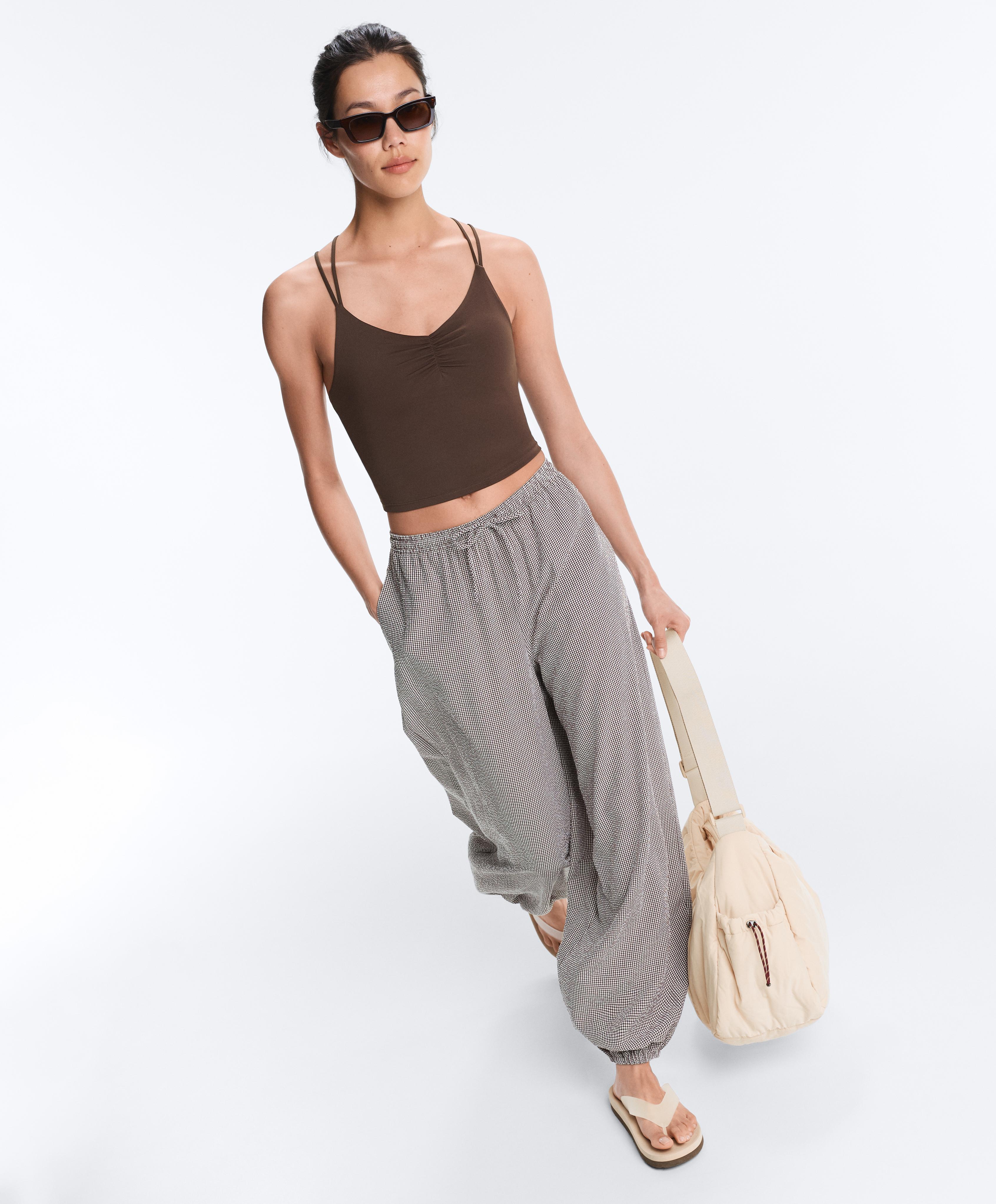 Lyocell blend gingham maxi bloomer trousers — DARK REDDISH‑BROWN