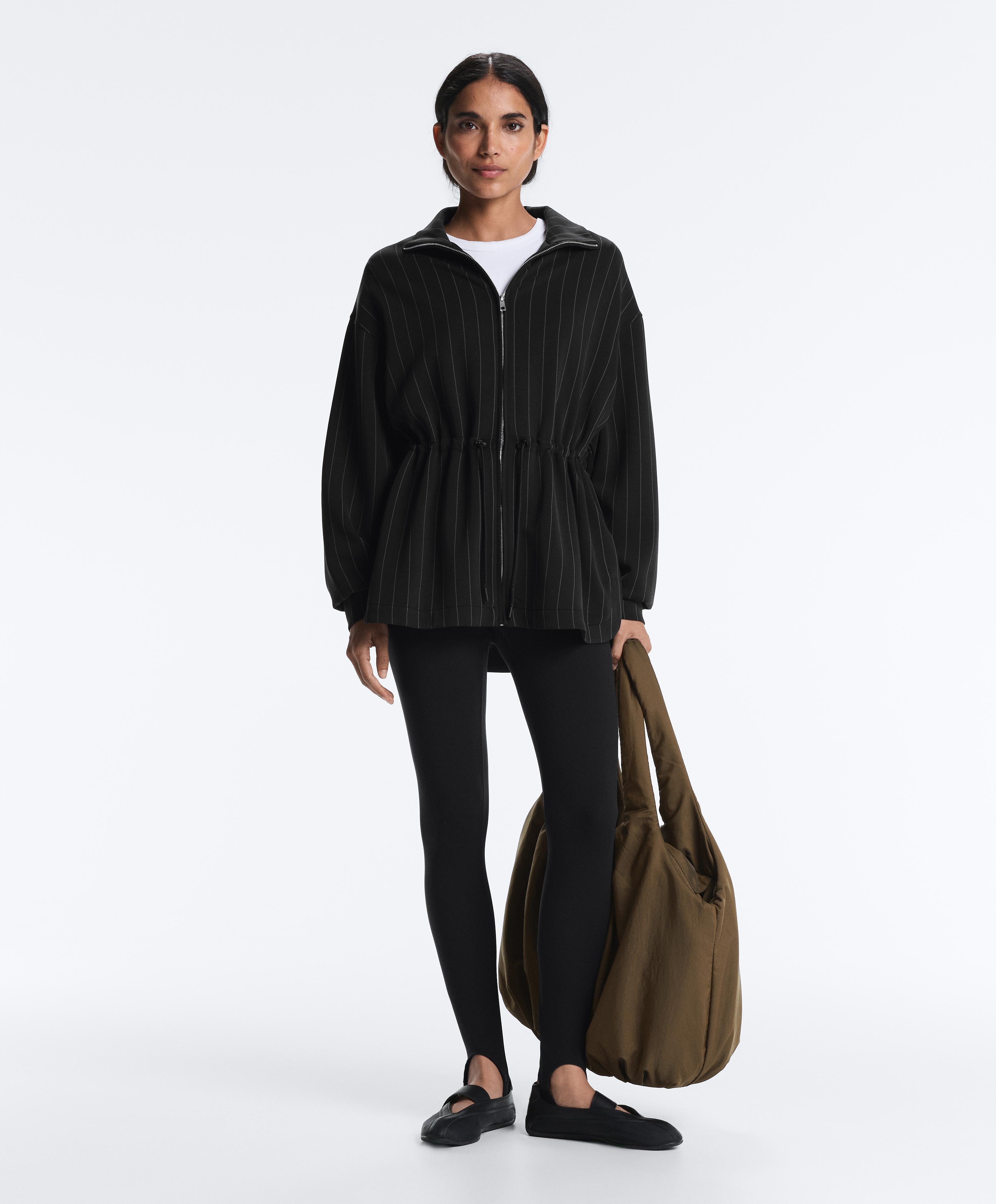 Long pinstripe jacket with adjustable waist and soft-touch modal — BLACK