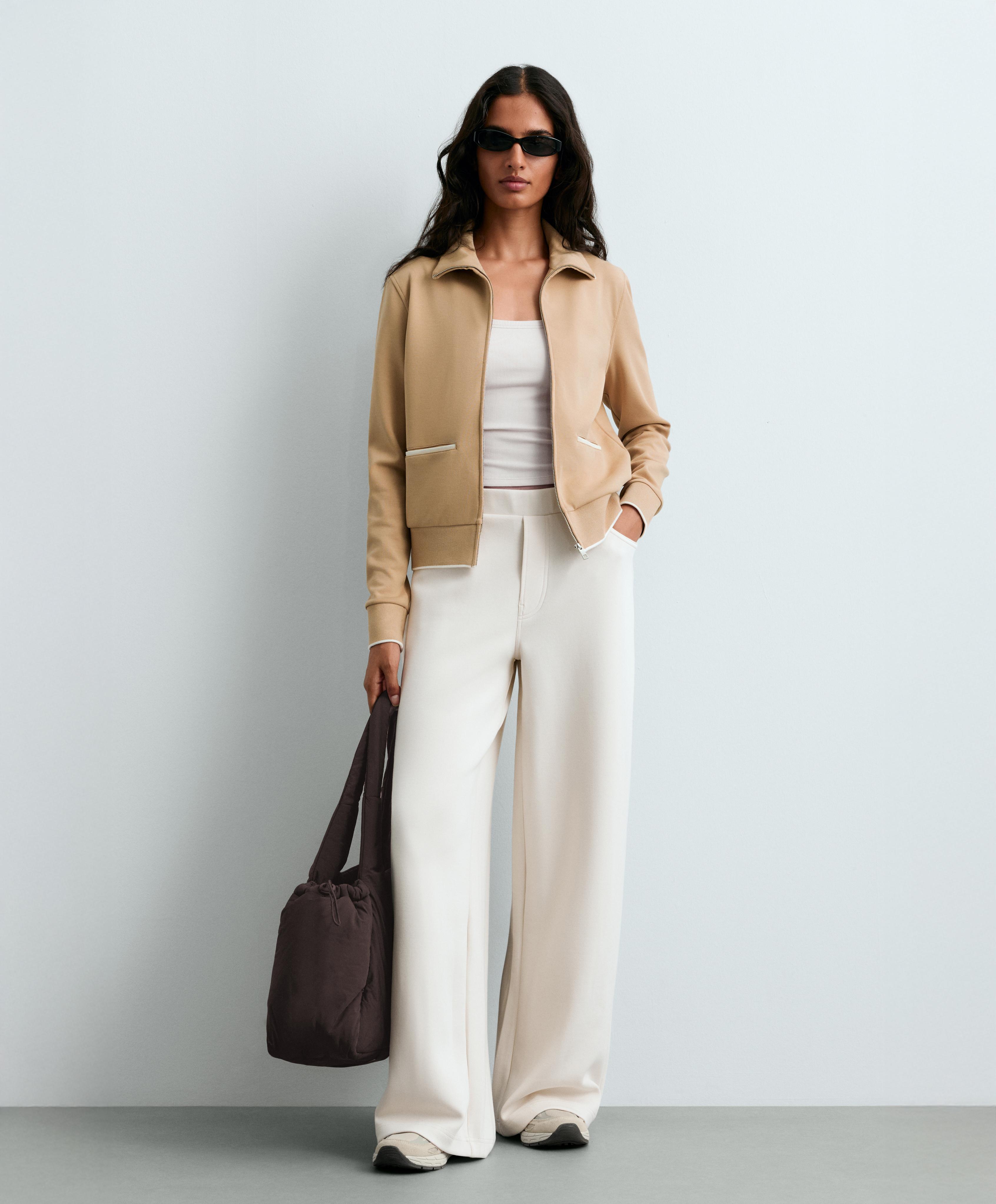 Cotton piqué jacket with piping — BEIGE