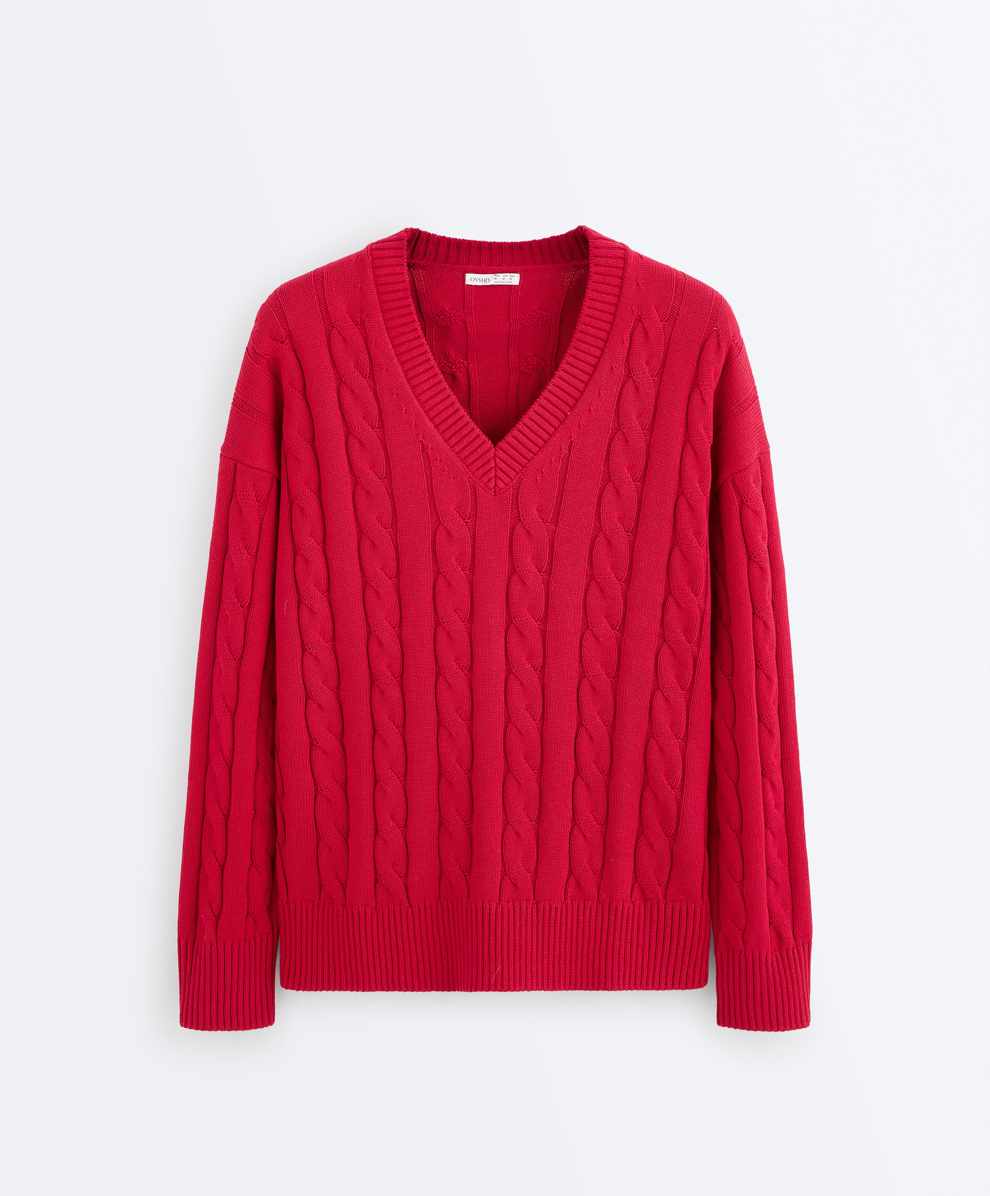 100% cotton cable knit V-neck jumper — BRIGHT RED