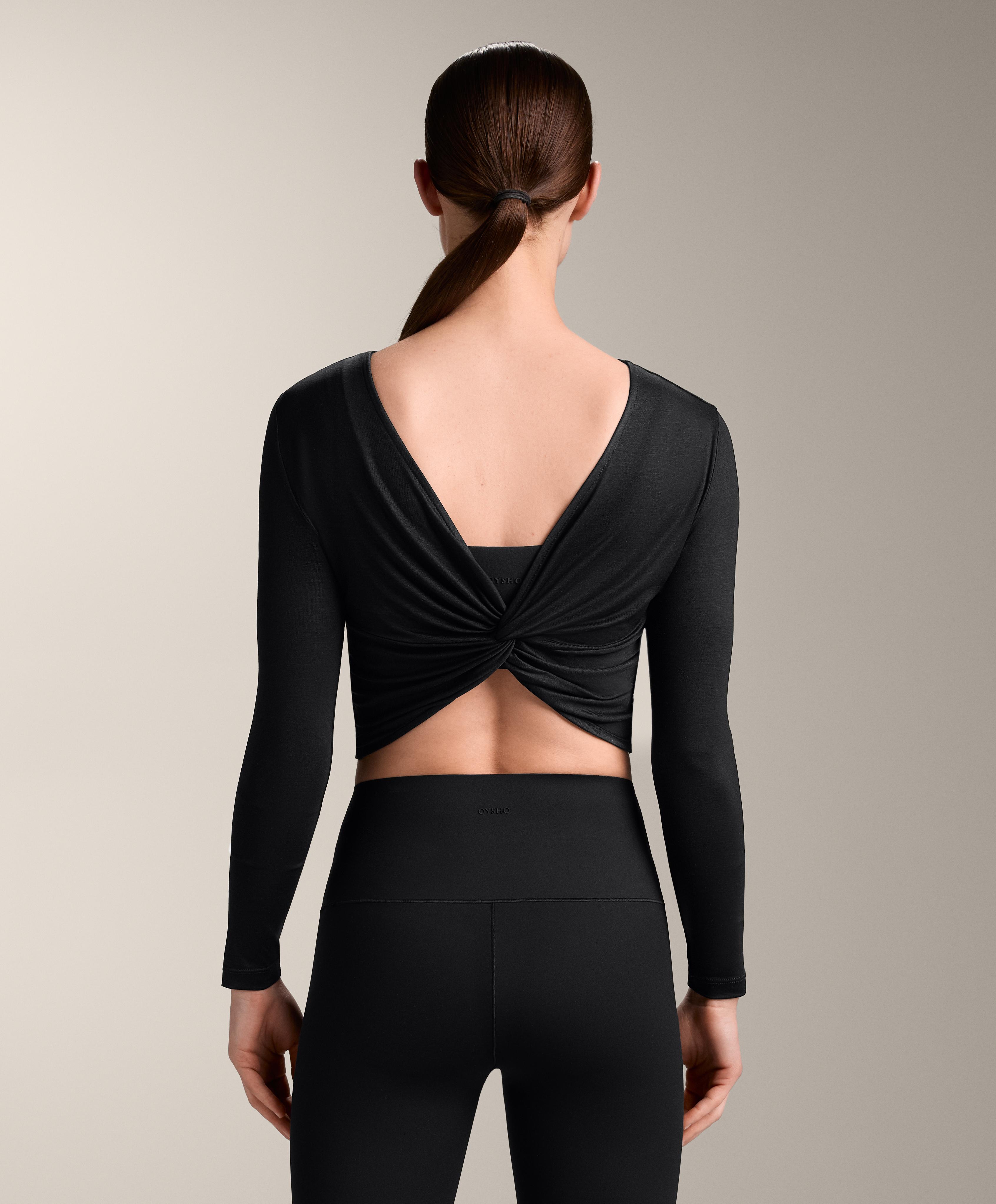Multi-position long sleeve knotted lyocell blend T-shirt — BLACK