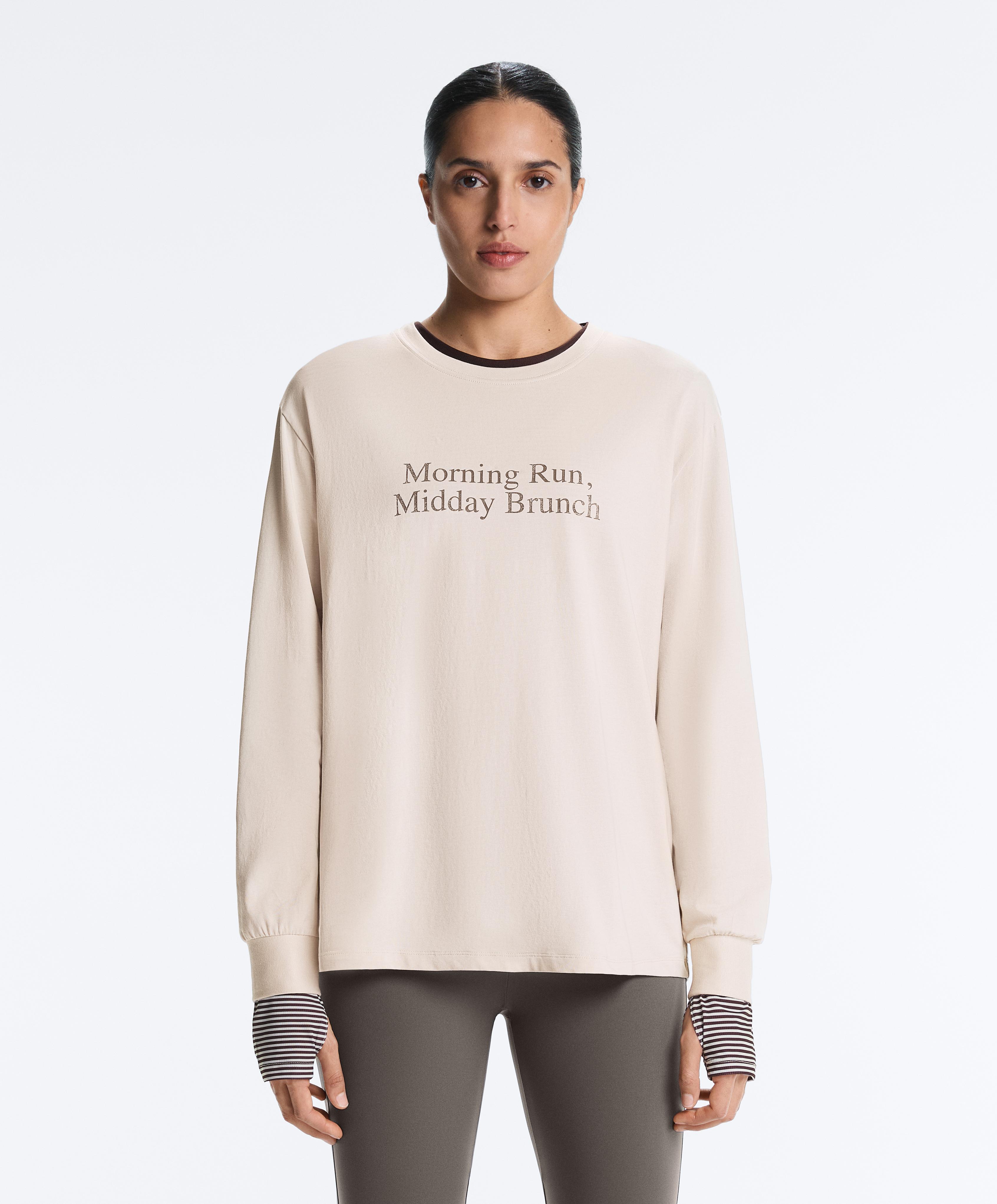 Oversize cotton blend long-sleeved T-shirt with slogan — SAND