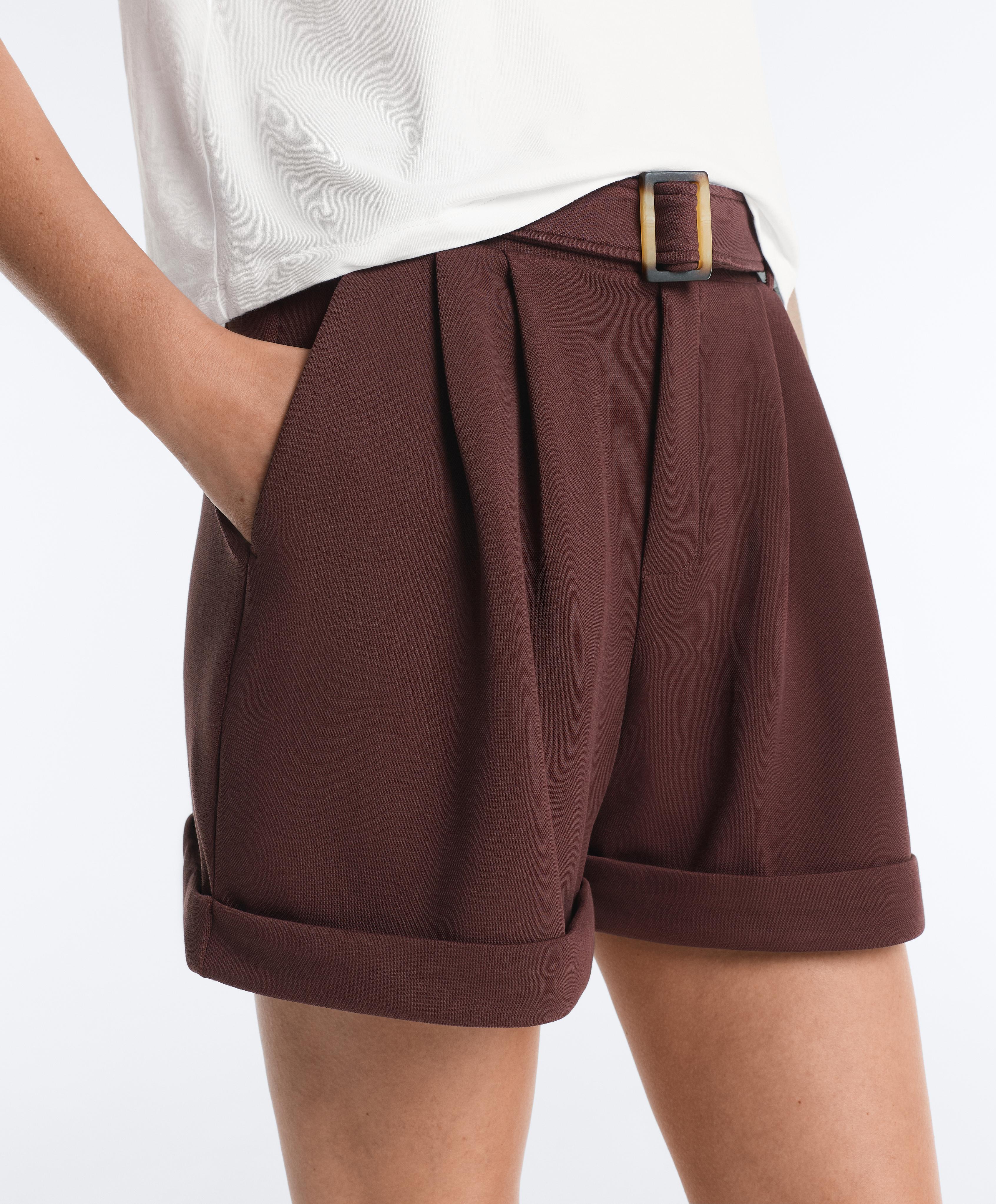 Cotton piqué belted shorts — CHOCOLATE