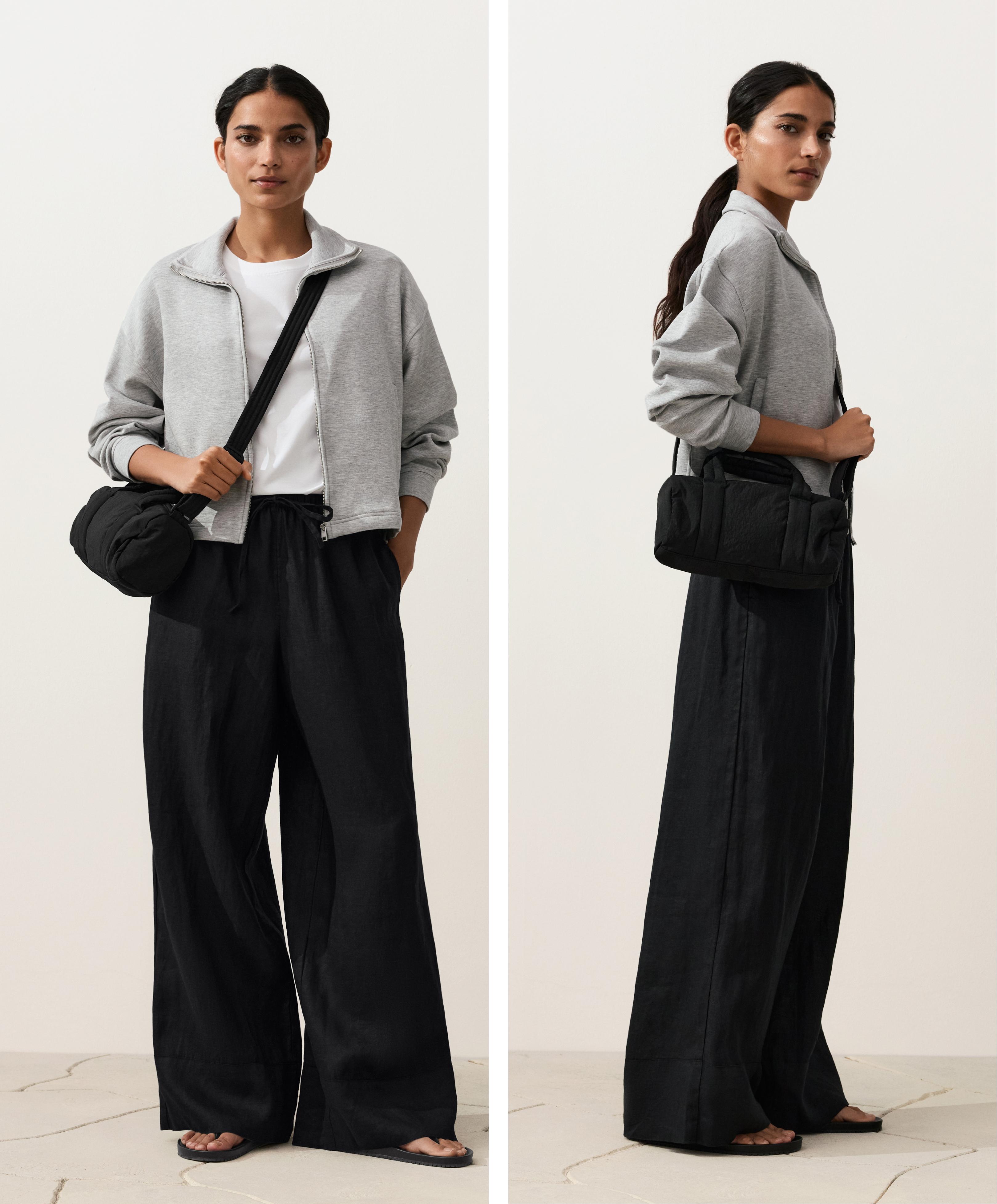 100% linen straight-leg trousers — BLACK