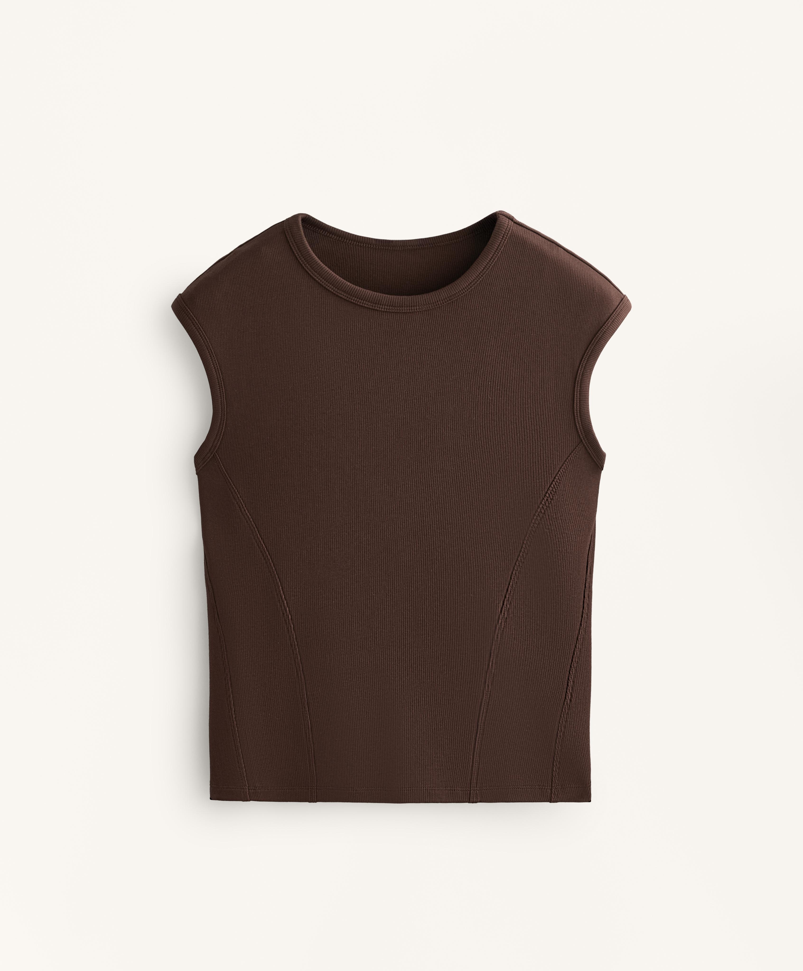 Short-sleeved rib top with cotton and modal — BROWN