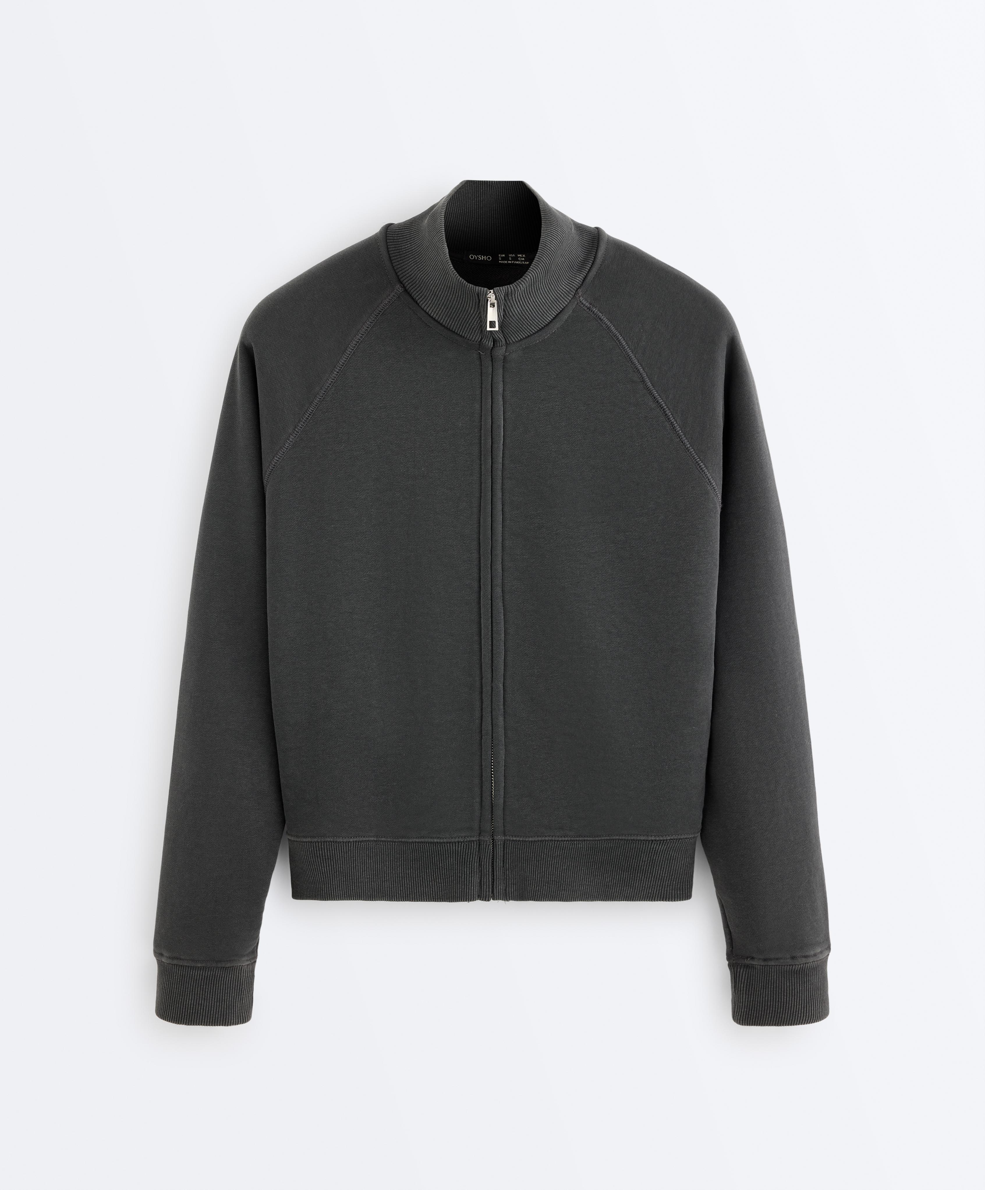 Cotton blend fleece high neck jacket — DARK ANTHRACITE