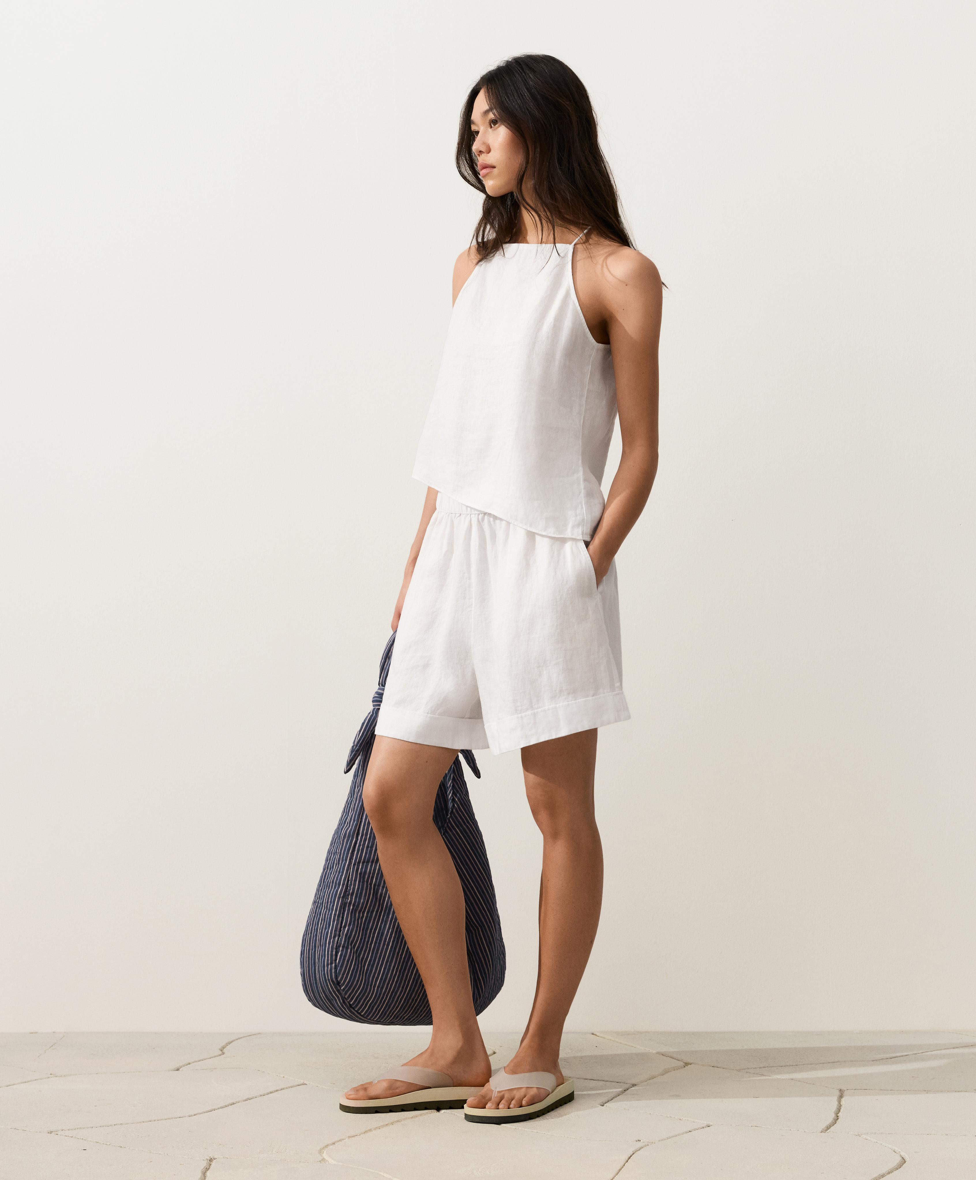 Asymmetric 100% linen sleeveless top — WHITE