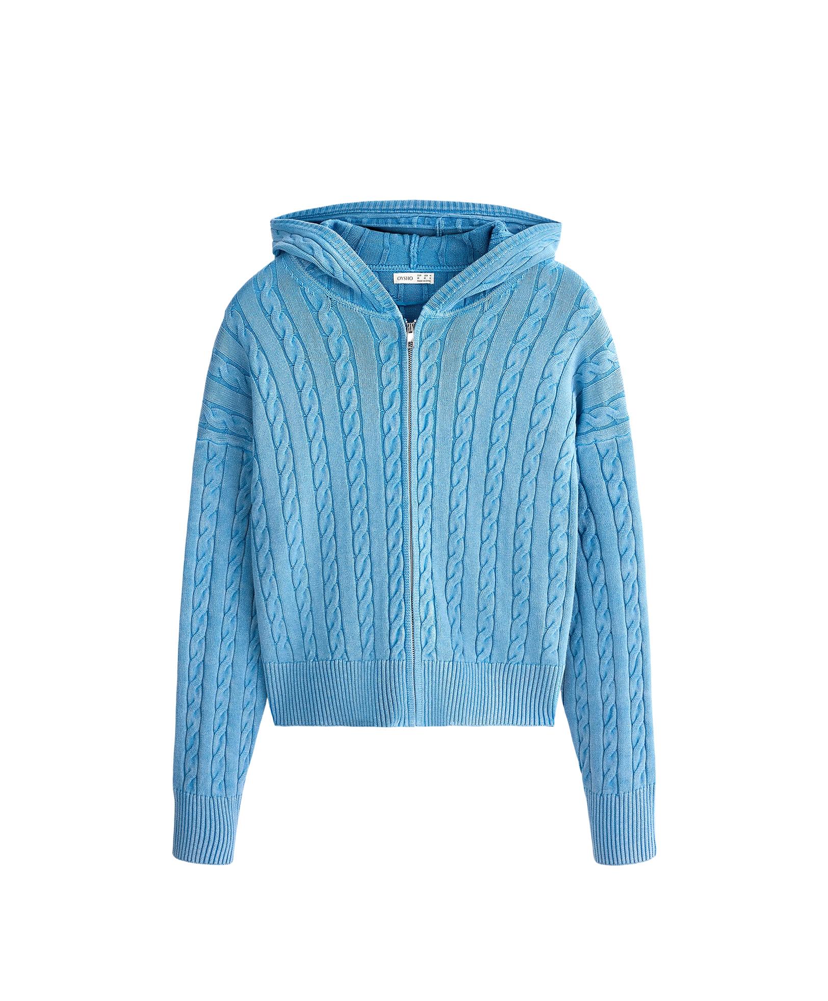 Washed cable knit hooded jacket — WASHED SKY BLUE