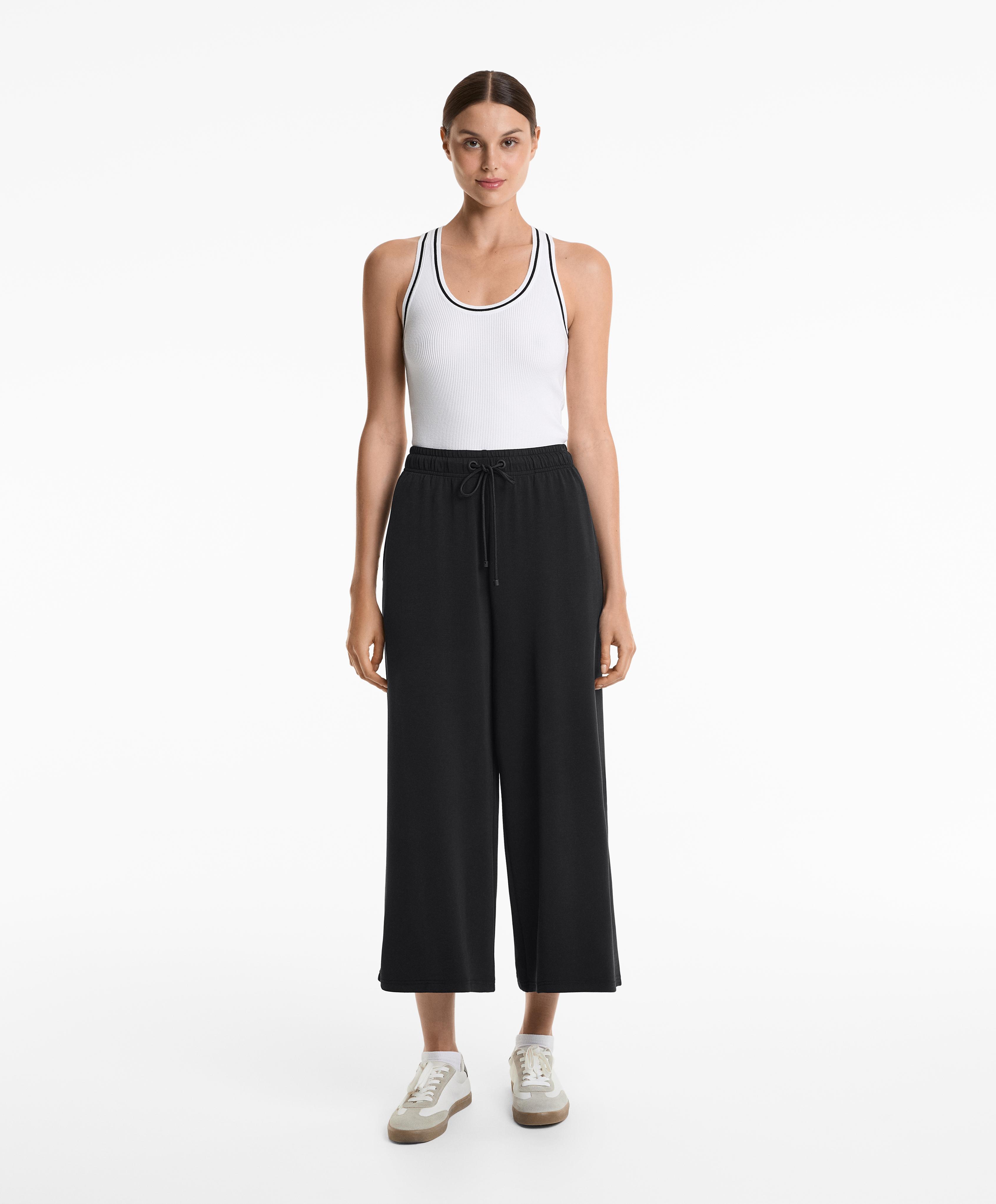 Soft-touch wide-leg crop trousers with modal — BLACK