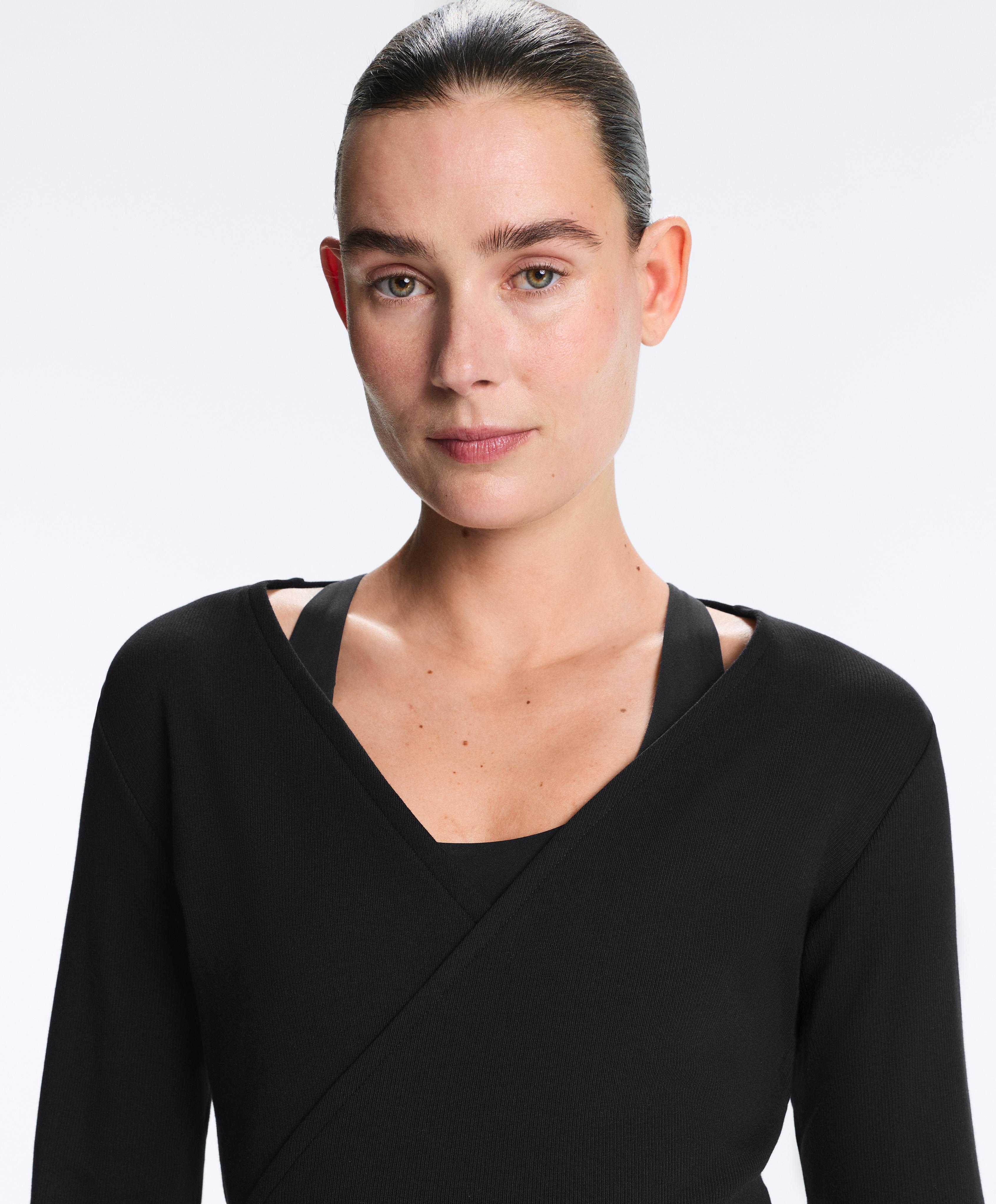 Wrap Over Rib Cotton Blend T-Shirt — BLACK