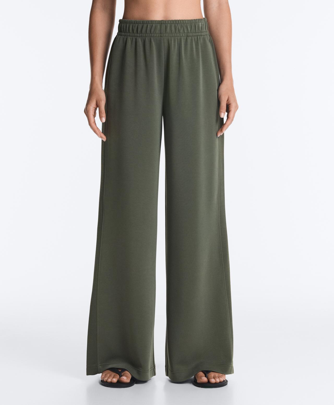 Soft-touch modal wide straight-leg rib trousers — KHAKI
