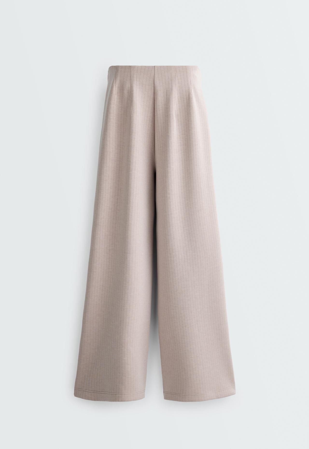 Straight-leg super high rise trousers with modal pinstripe — TAN MELANGE