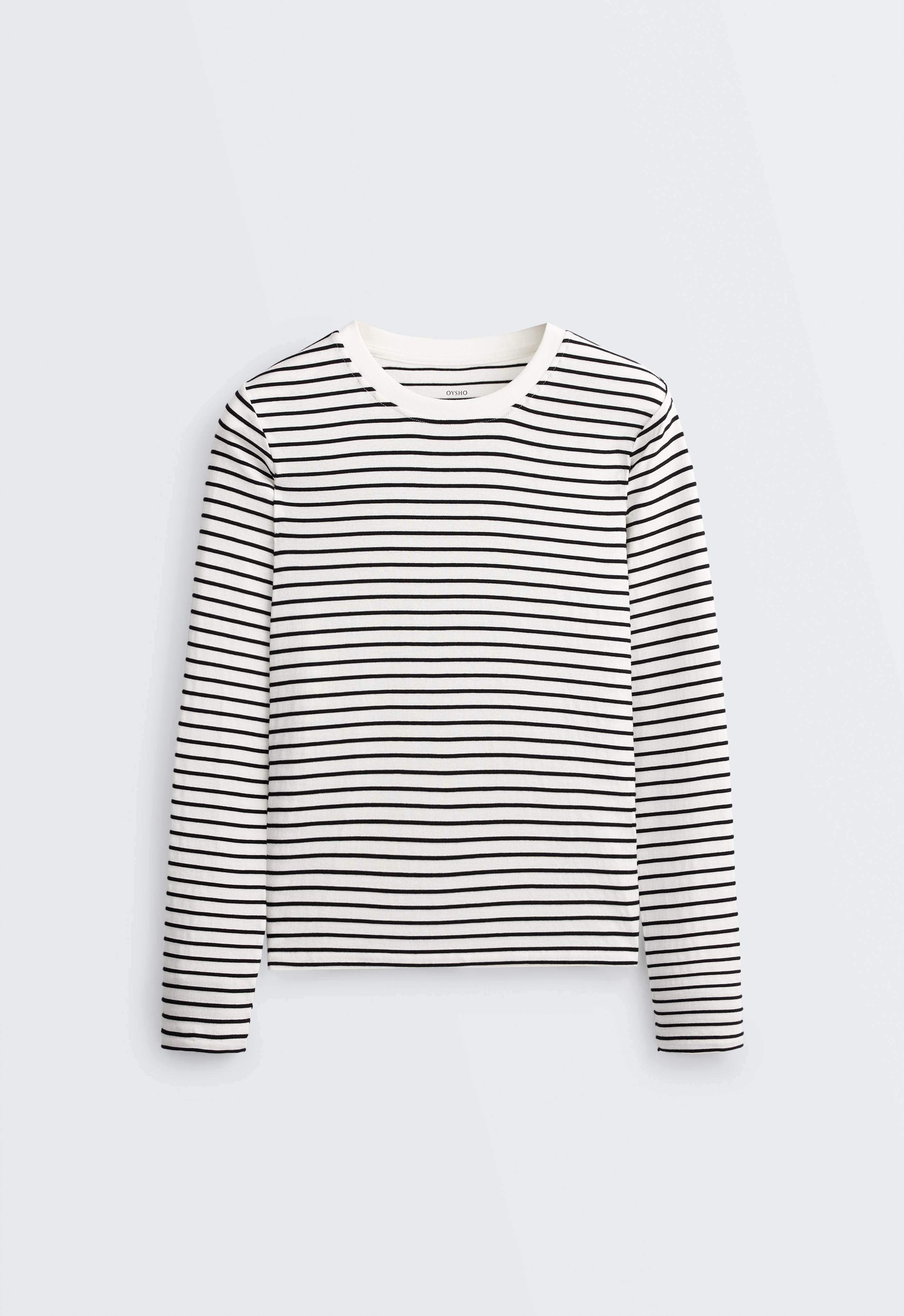 Front view of a long-sleeve shirt with a horizontal striped print and a contrasting crew neck.