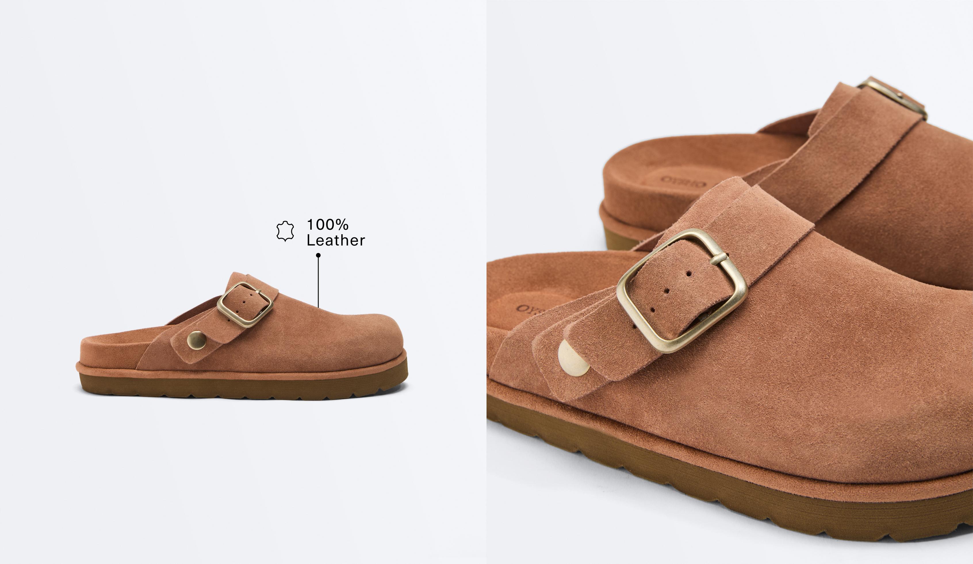 Buckled split-leather mules