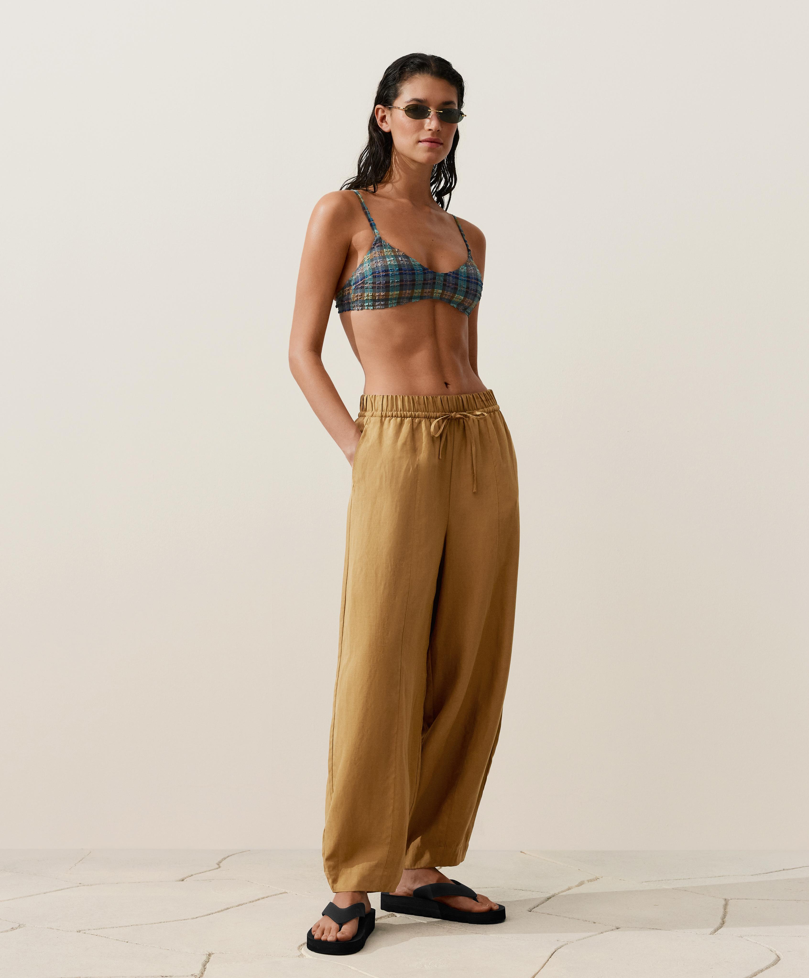 Checked textured bikini top — KHAKI