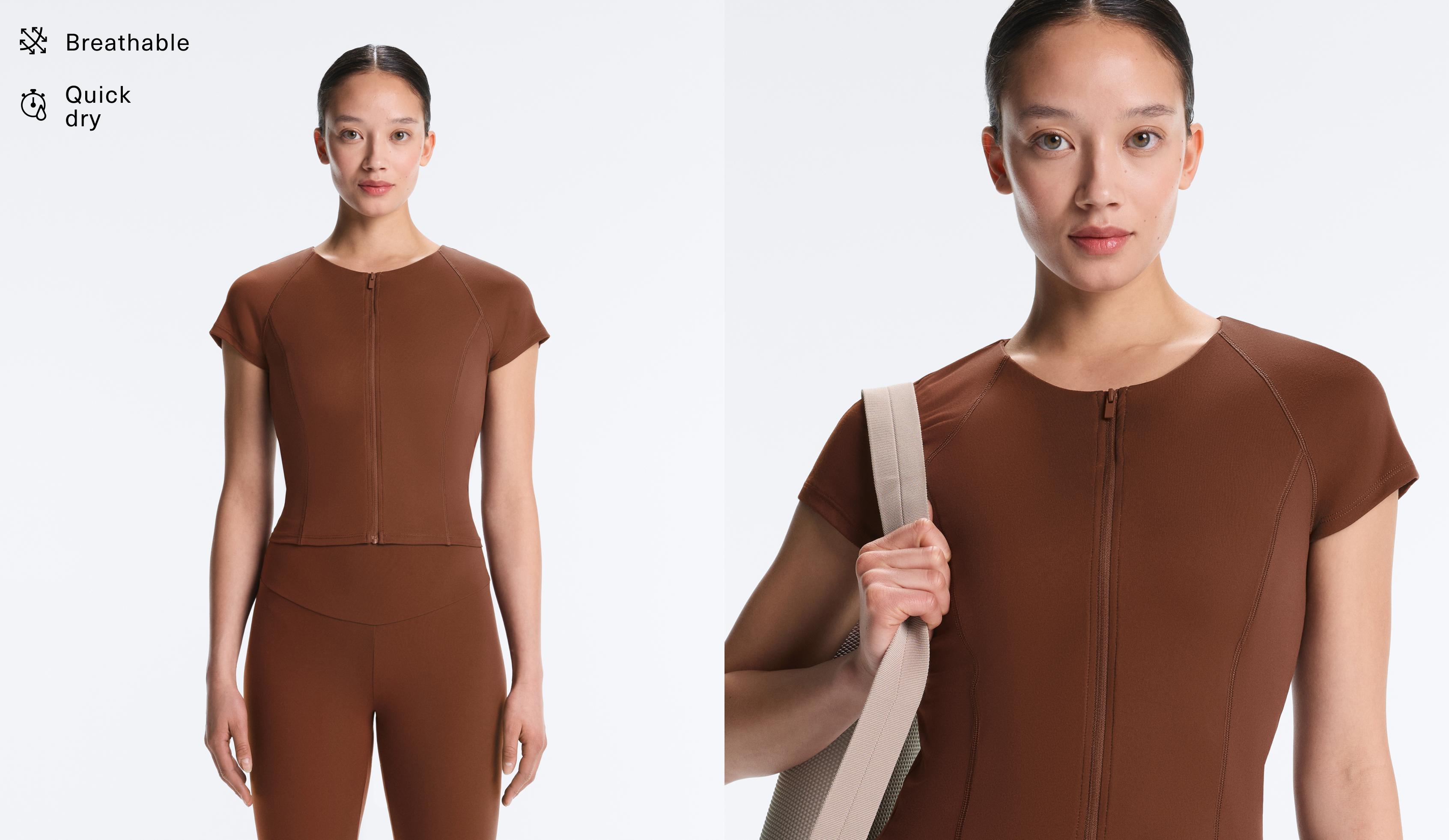 Short-sleeved zip T-shirt — COFFEE