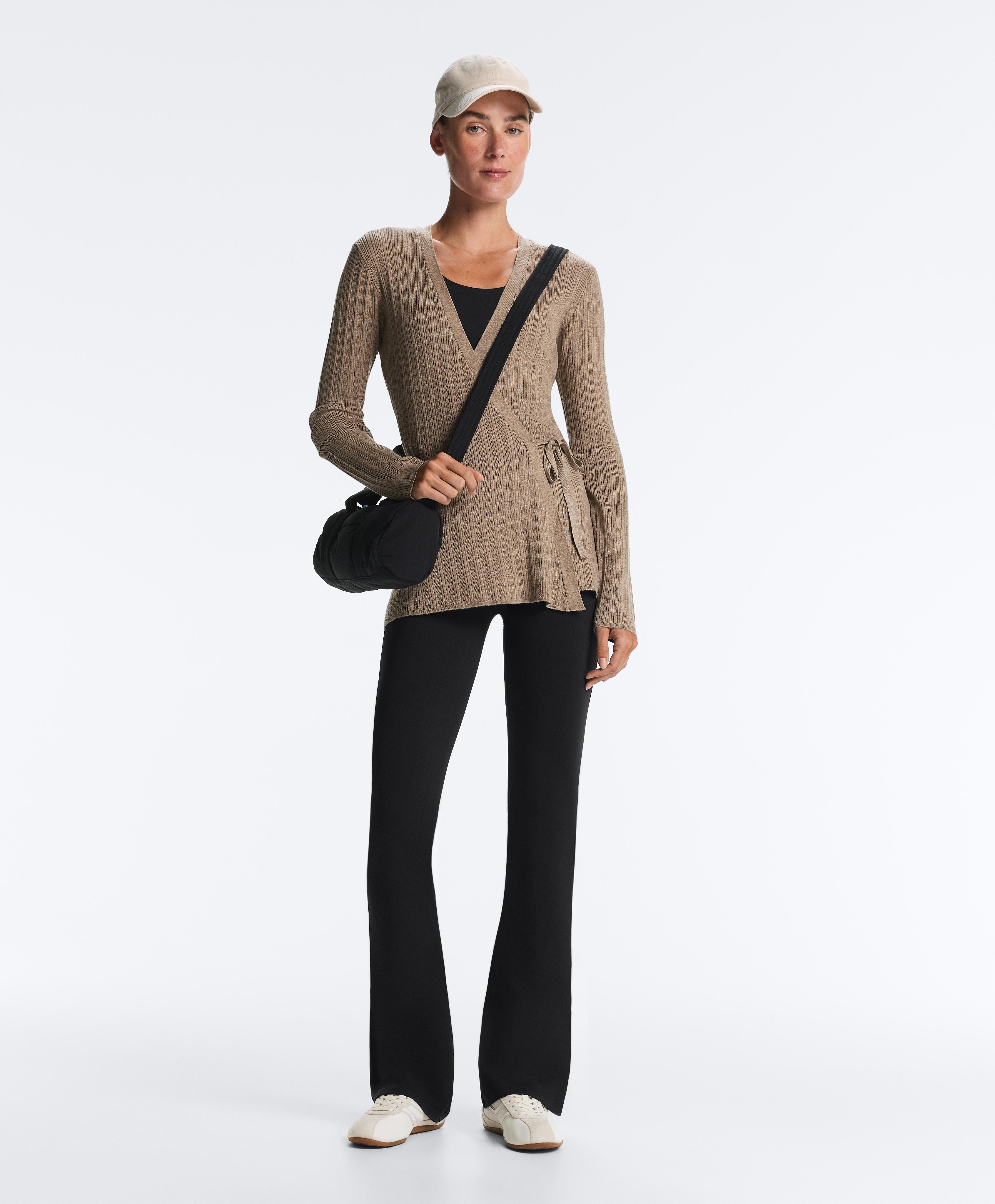 Long rib knit jacket with side tie fastening — DARK TAUPE
