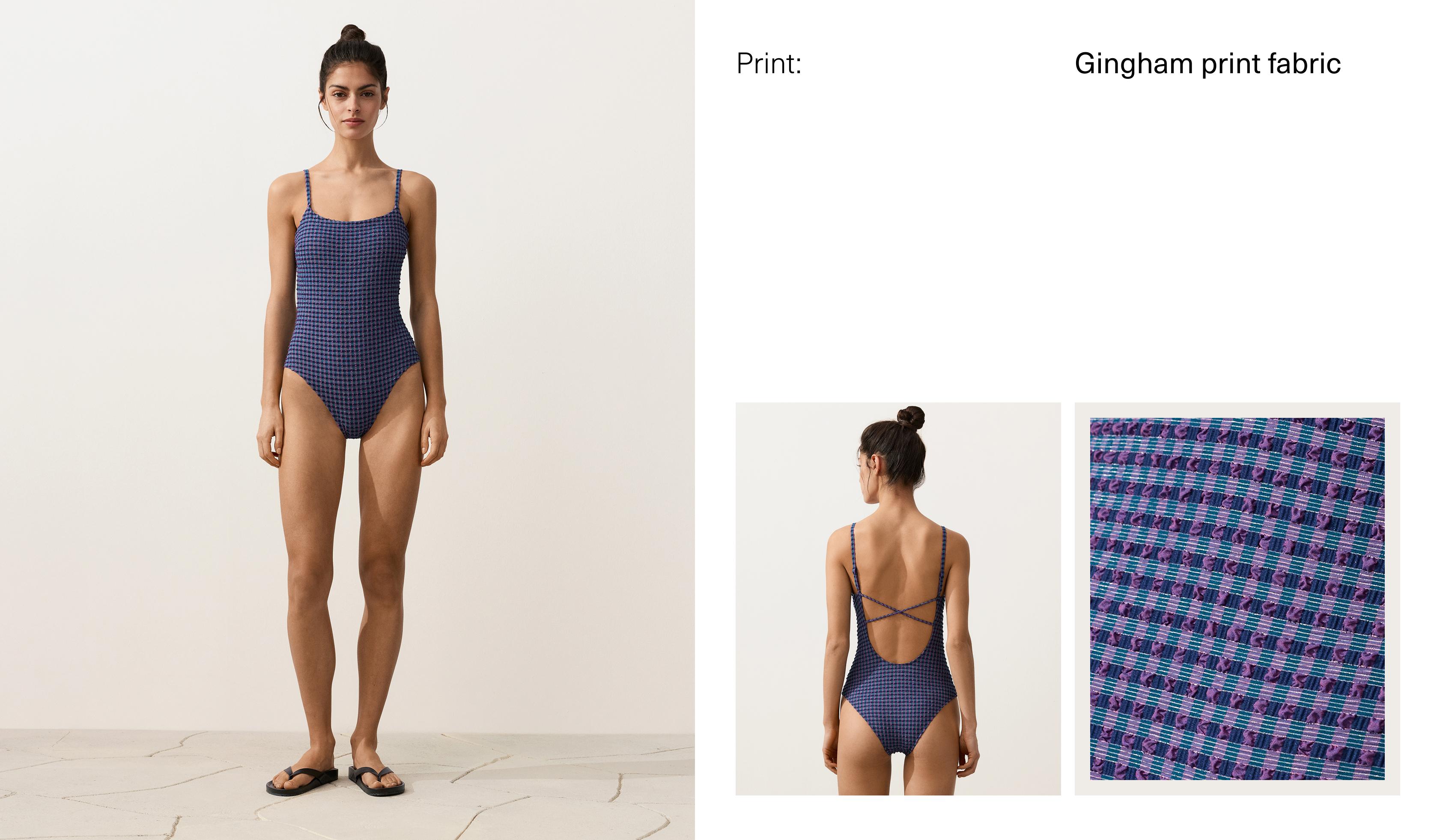 Gingham round-neck swimsuit — NAVY BLUE