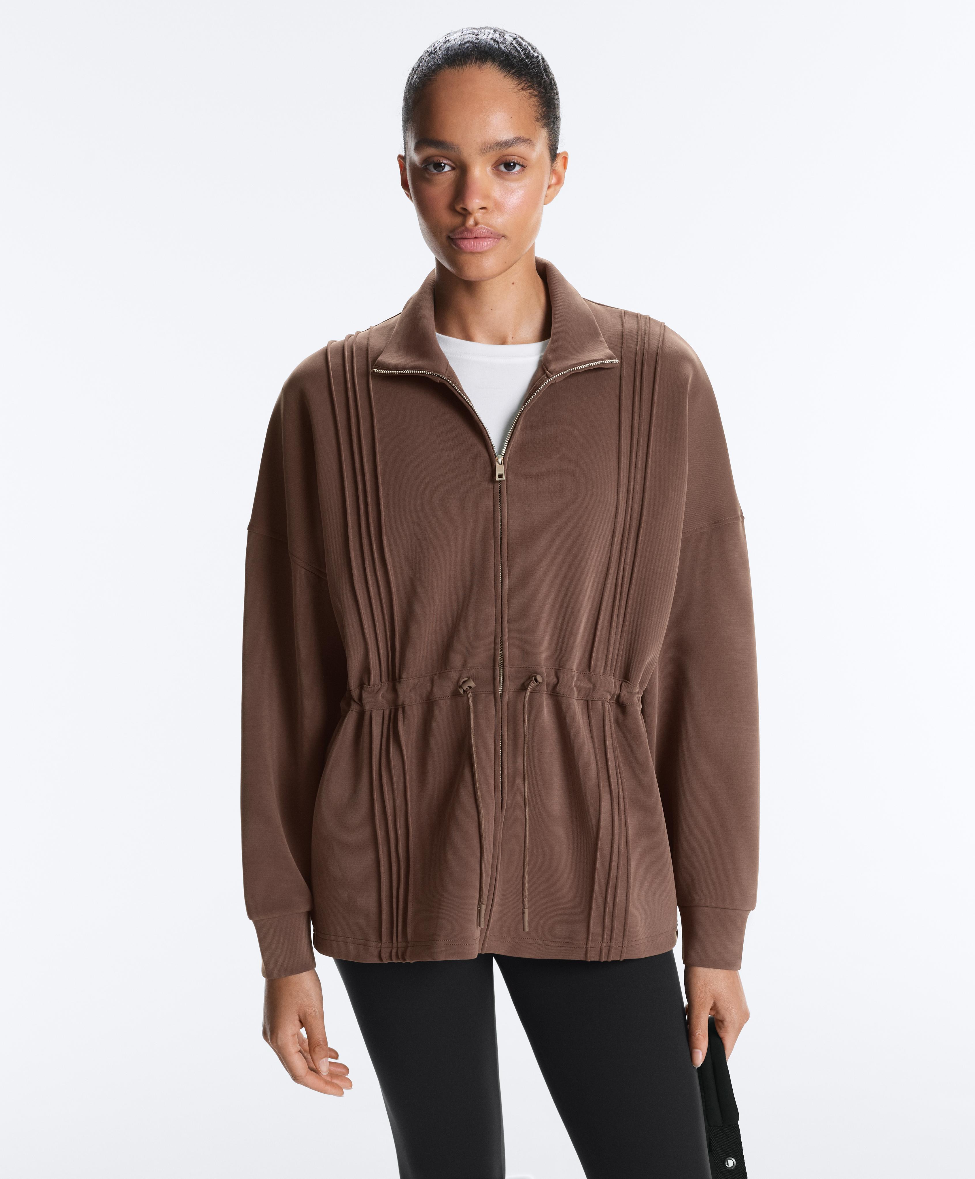 Long jacket with ribbed high neck and soft-touch modal — MID-BROWN