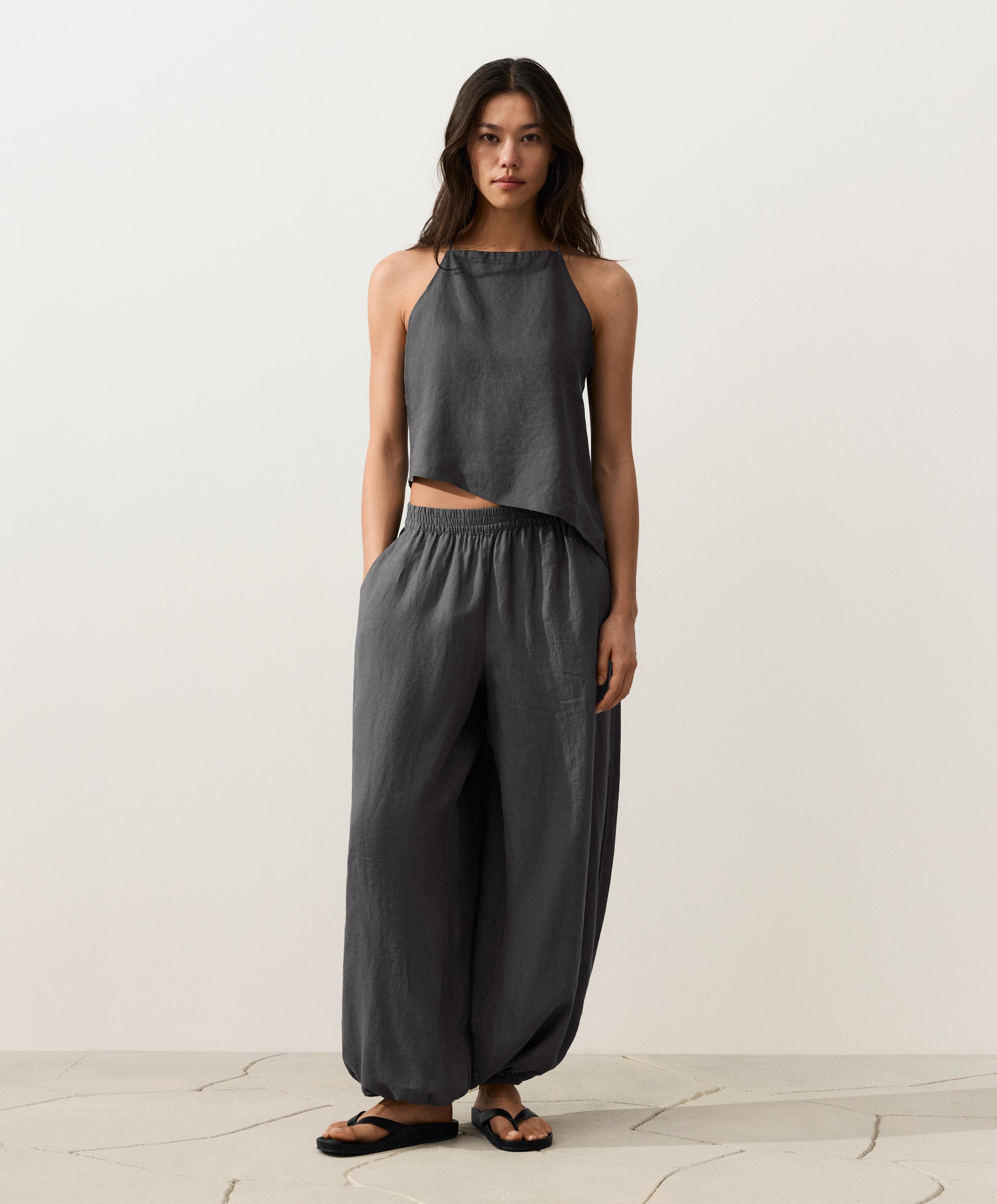 Asymmetric 100% linen sleeveless top — STEEL GREY
