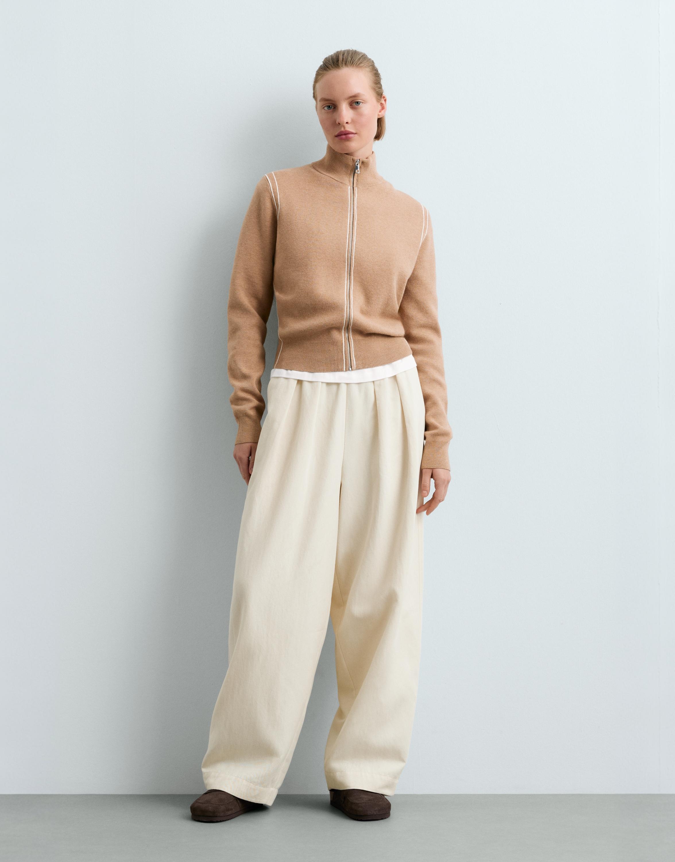 Contrast piping knit jacket — CAMEL