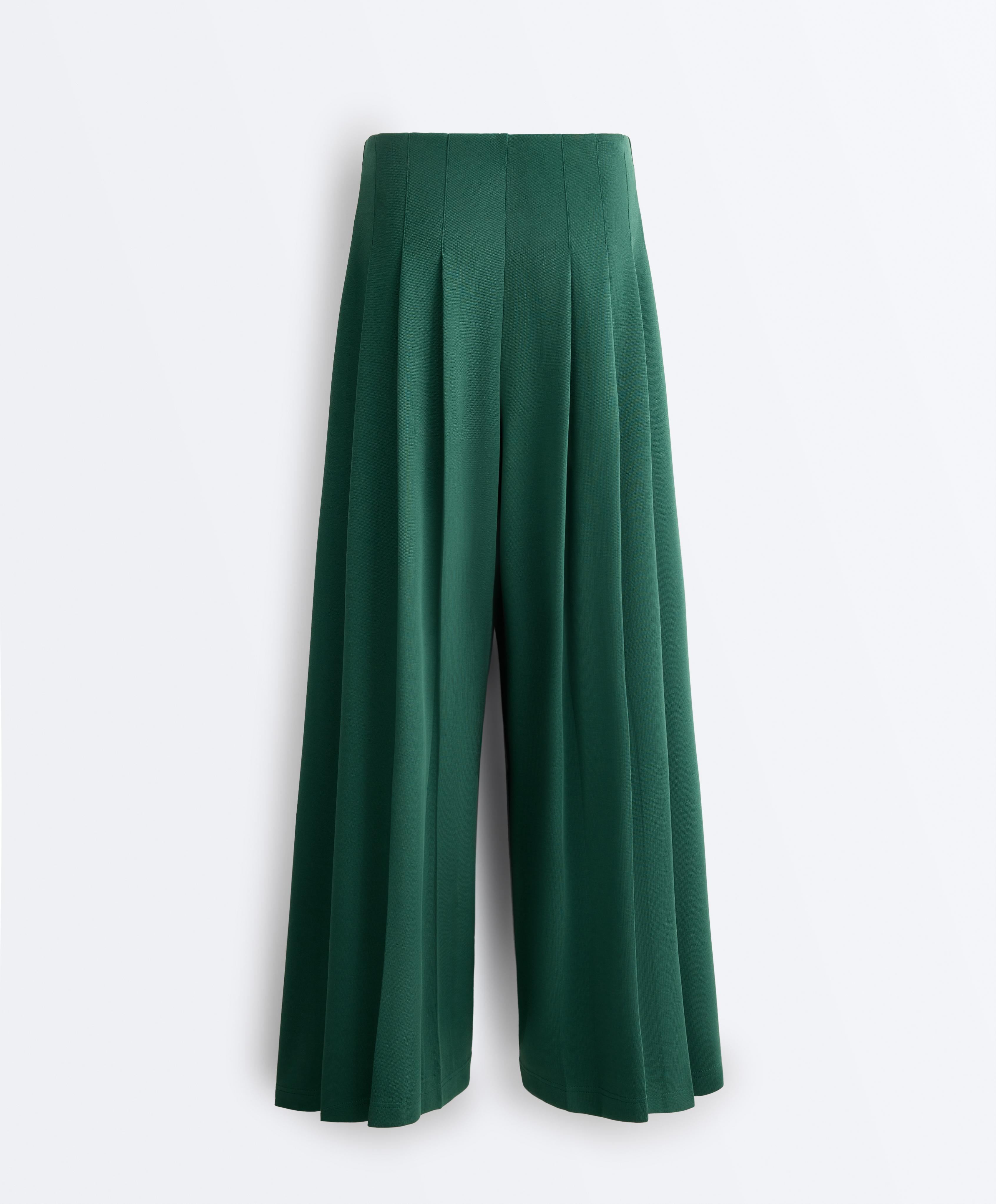 Cotton wide-leg pique trousers with pleats — DARK EMERALD
