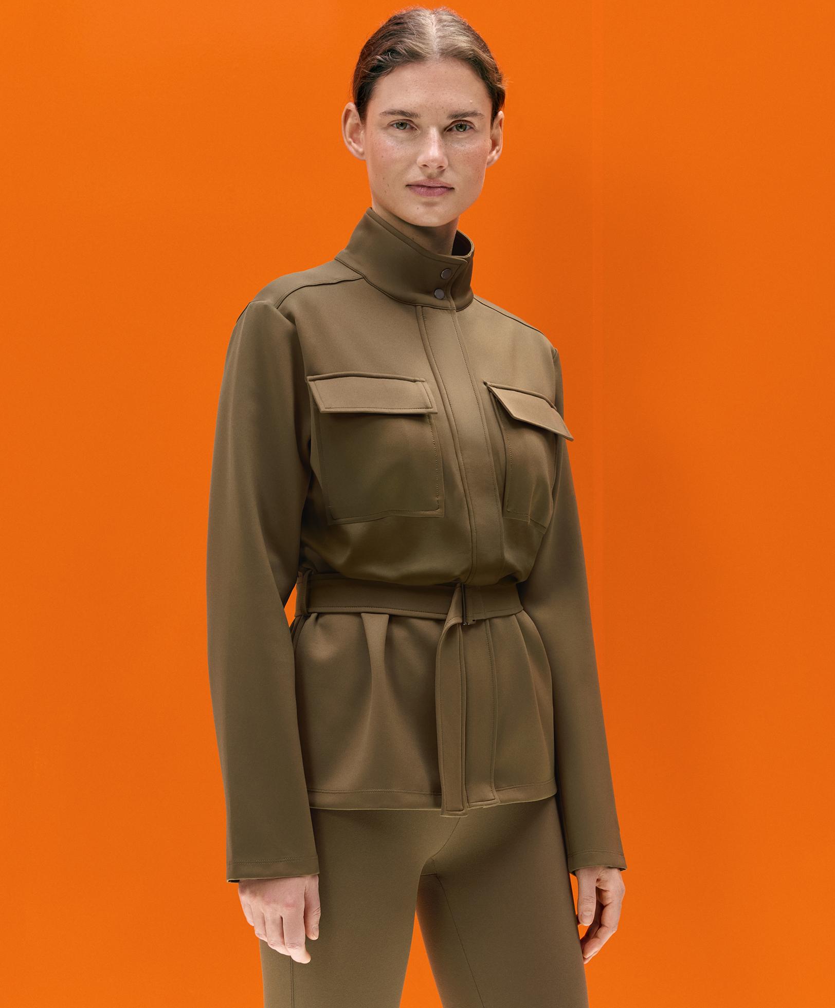 Neoprene-effect jacket with belt — OLIVE GREEN