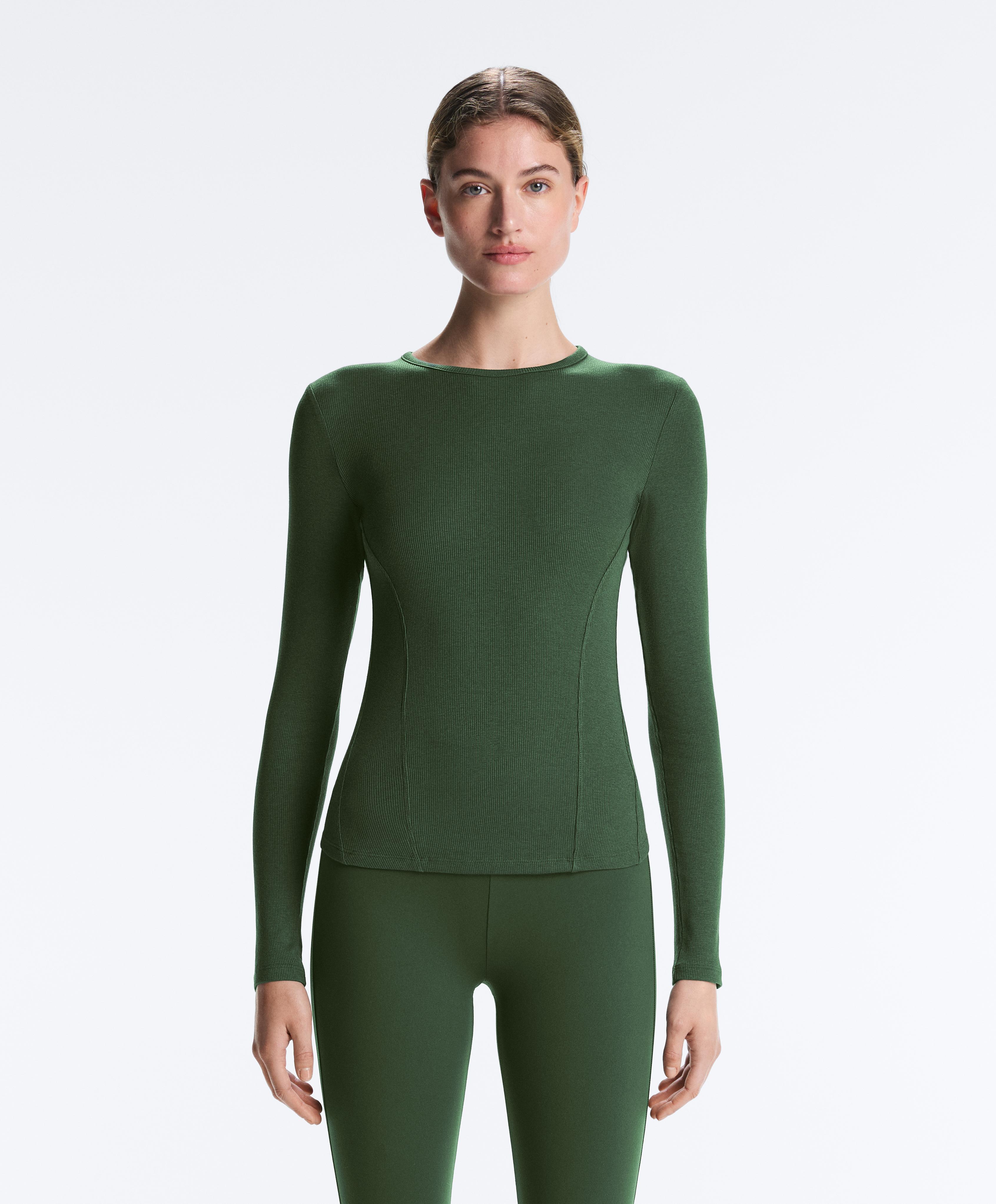 Fitted long sleeve rib T-shirt with cotton and modal — GREEN