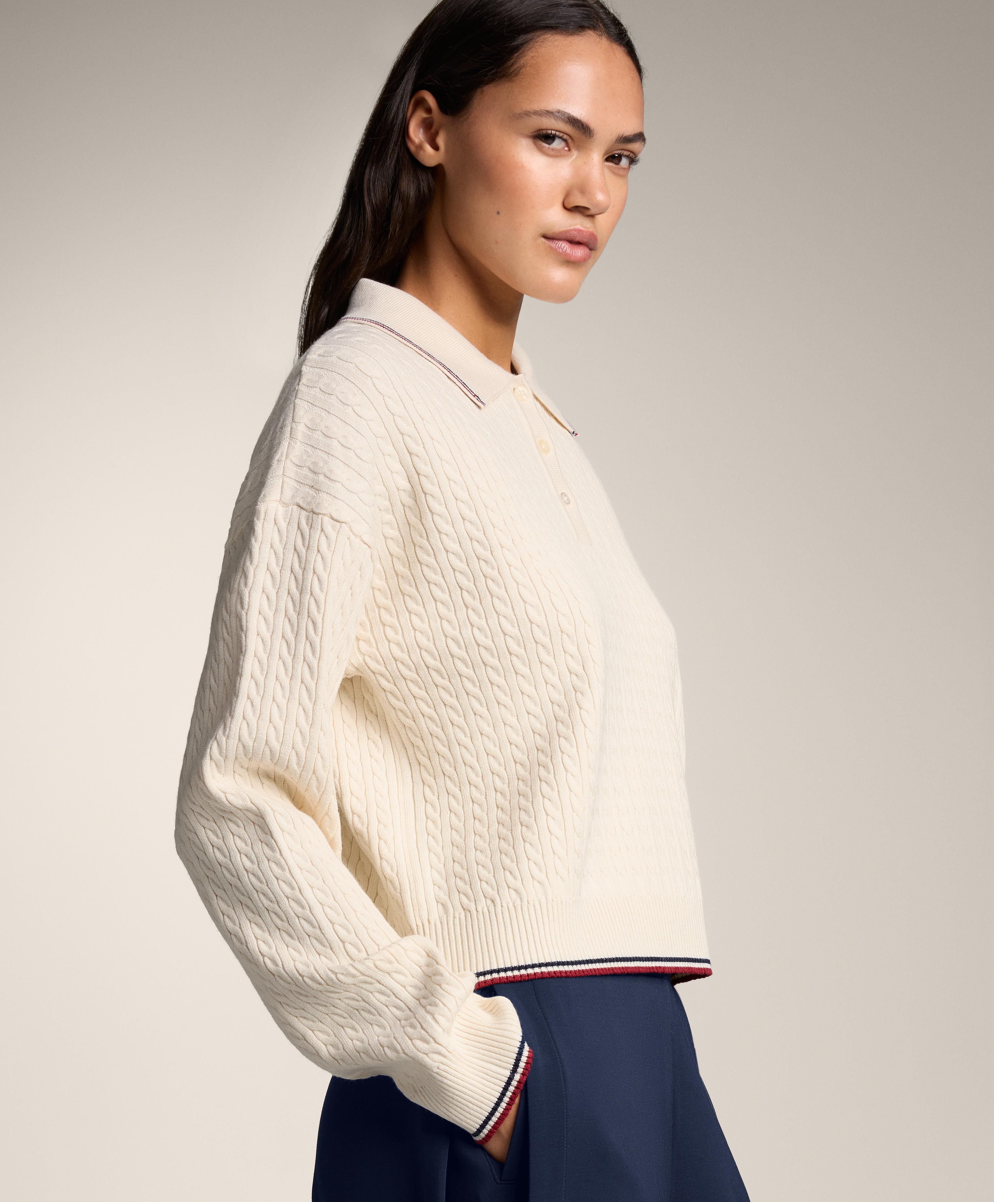 Mini cable knit polo neck jumper — ECRU