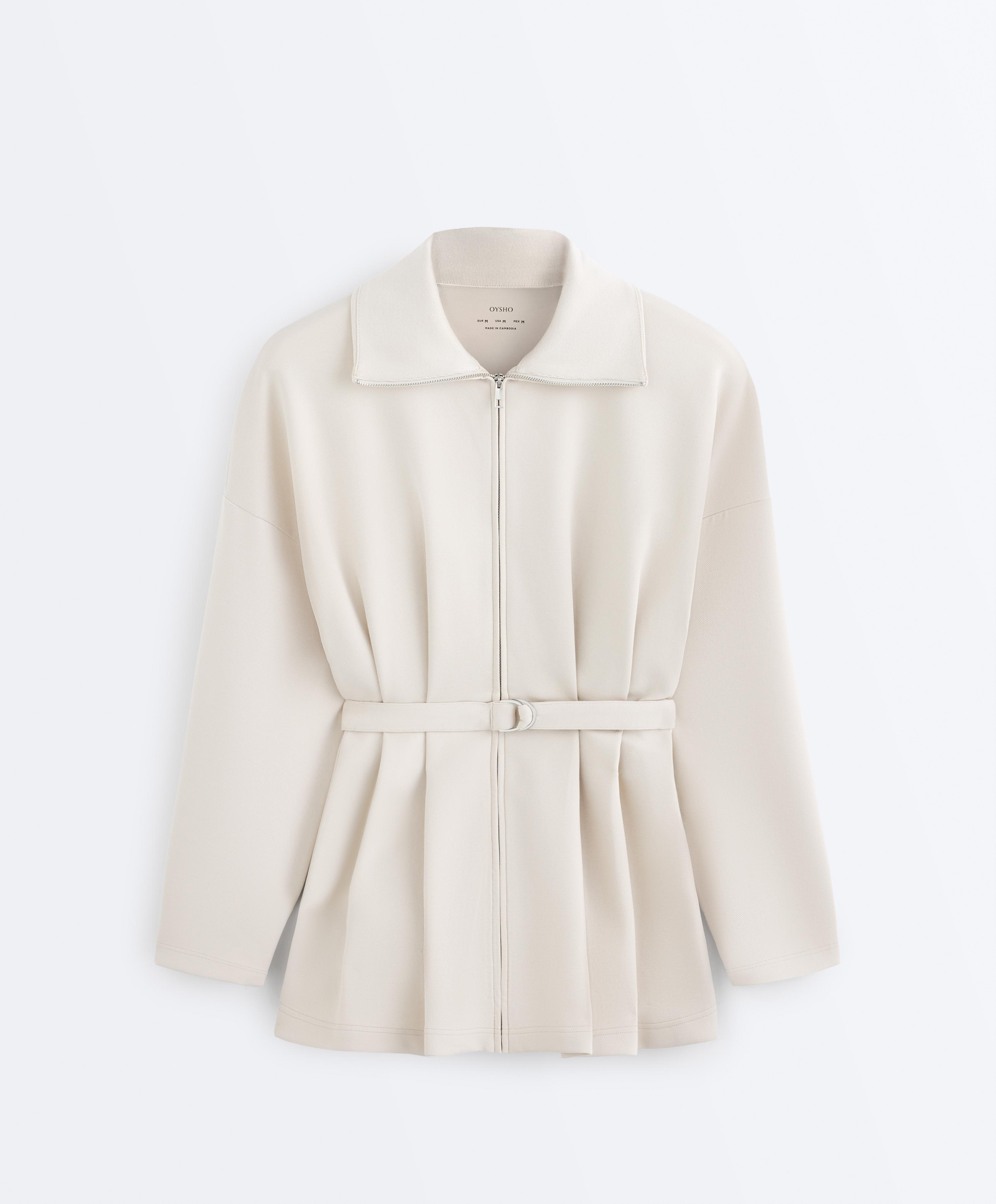 Long cotton piqué belted jacket — PALE MINK