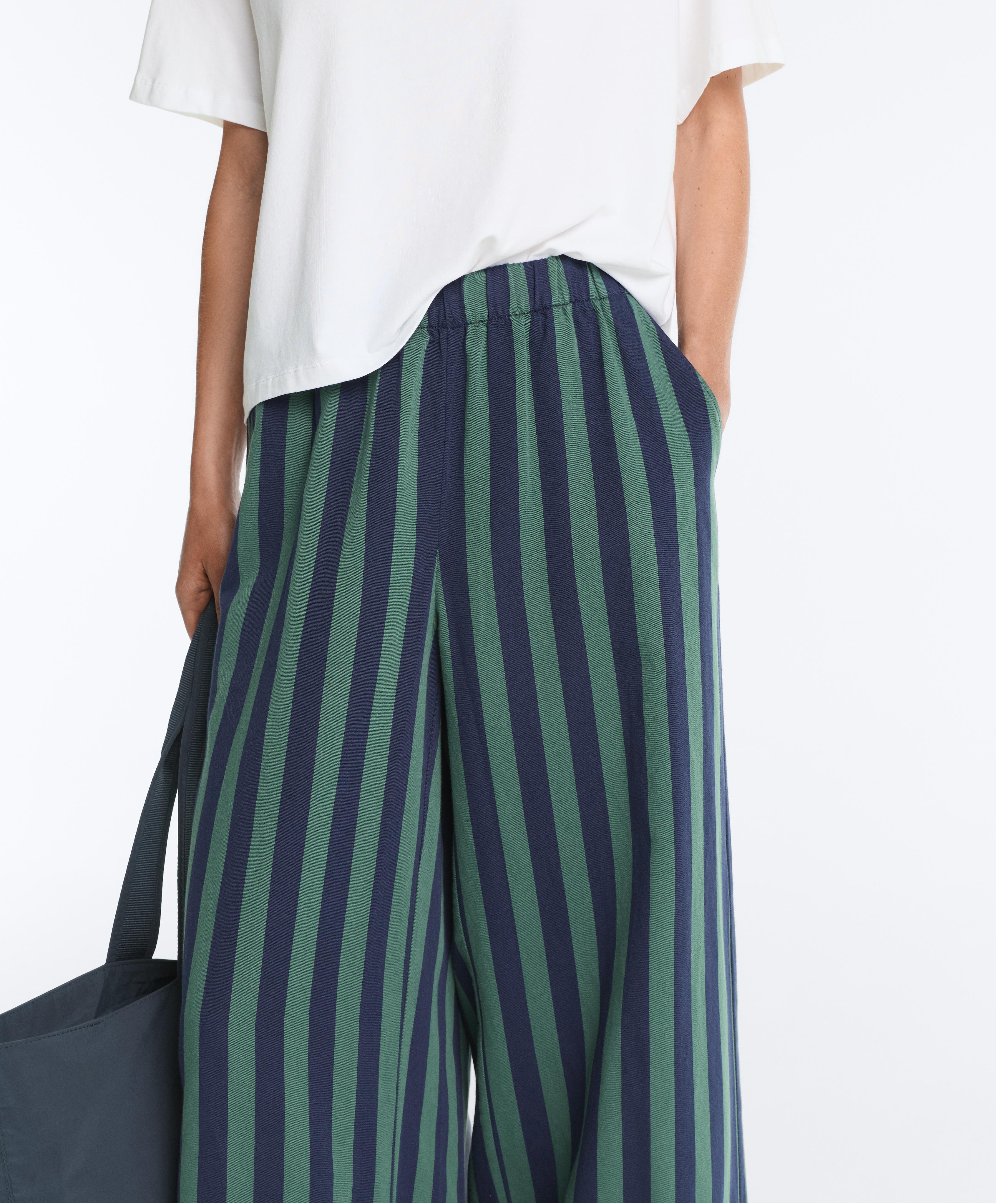 Wide-leg cotton blend striped trousers — GREEN