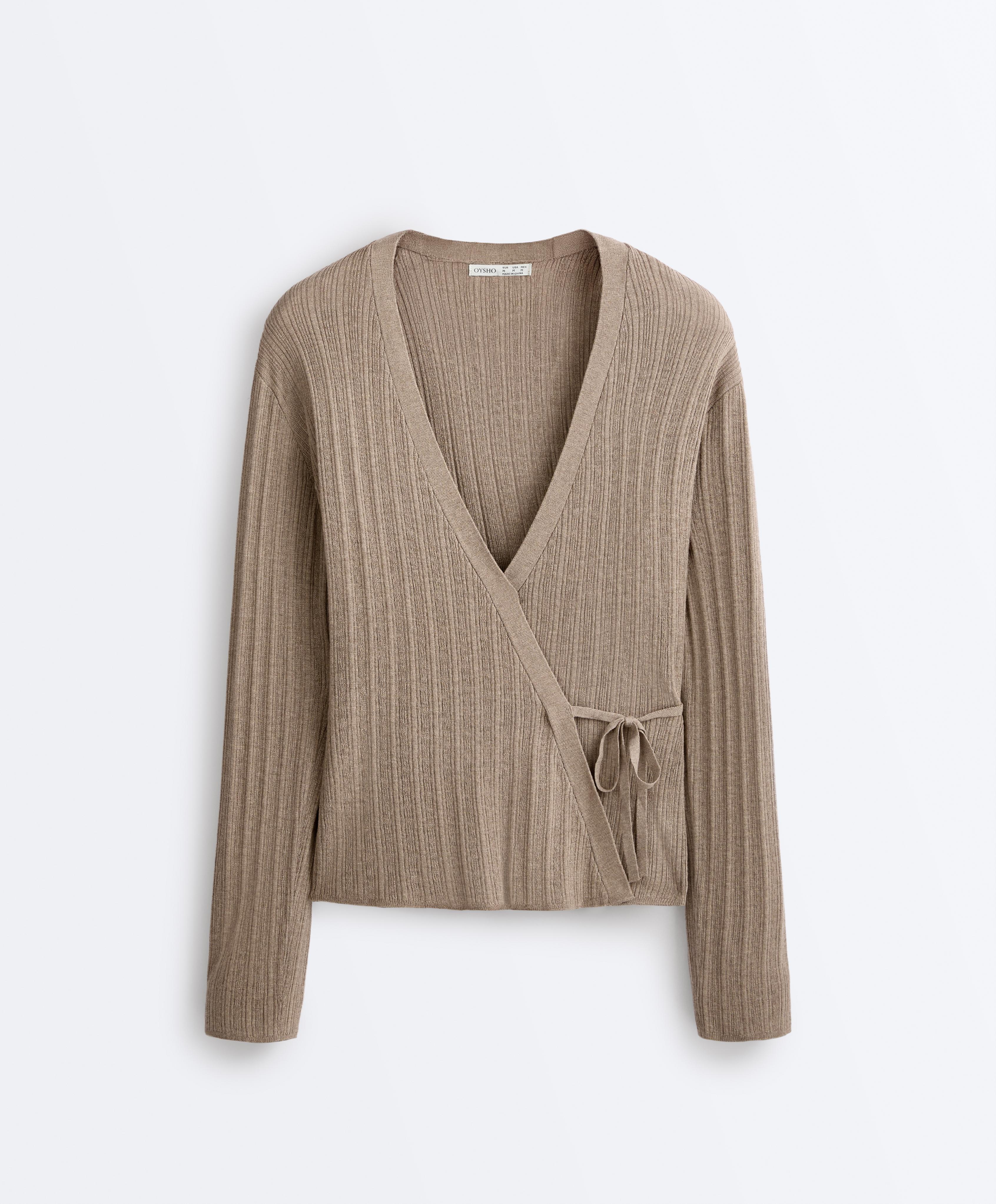 Rib knit jacket with side tie fastening — DARK TAUPE