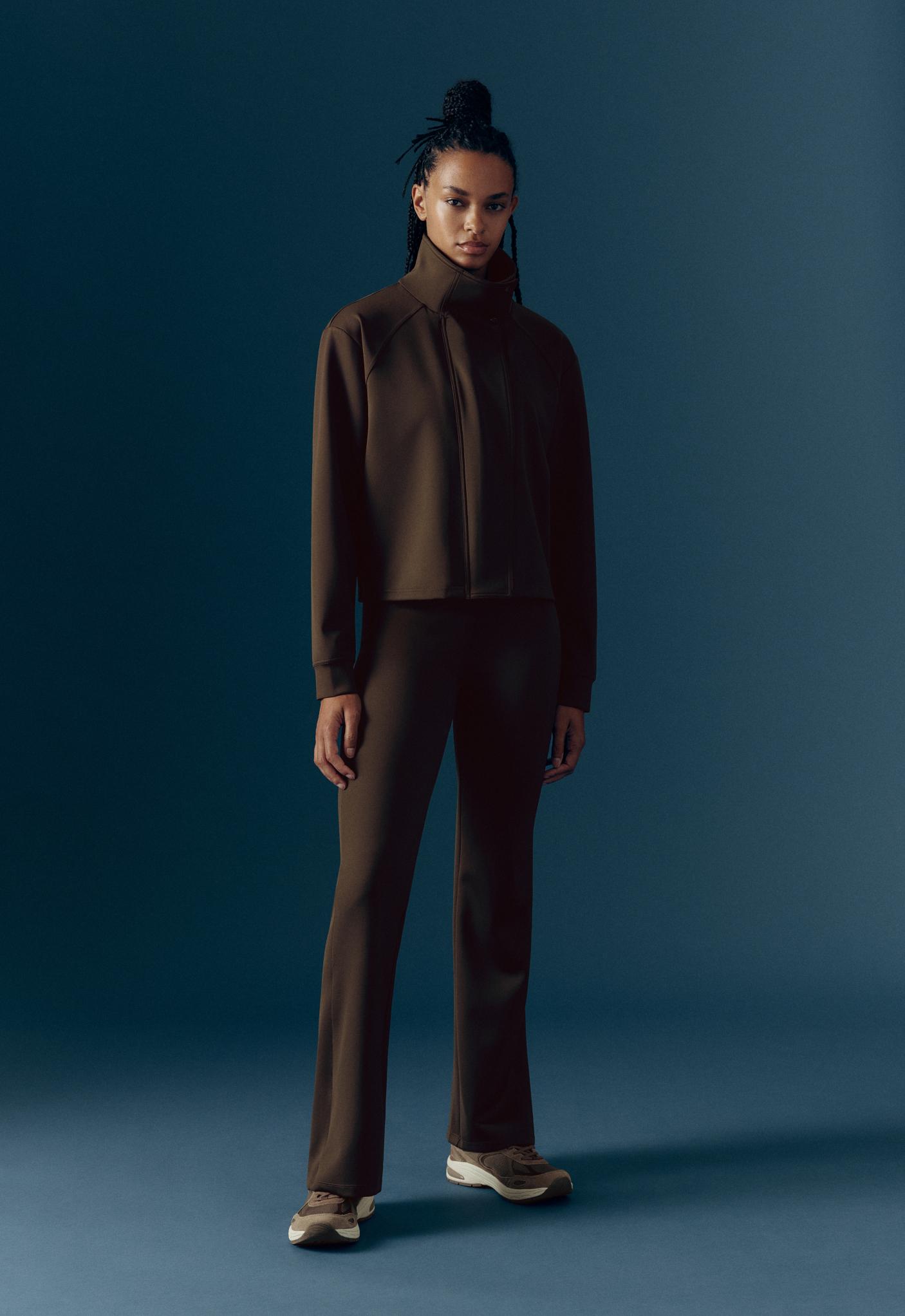 Neoprene-effect high rise flare trousers — BROWN