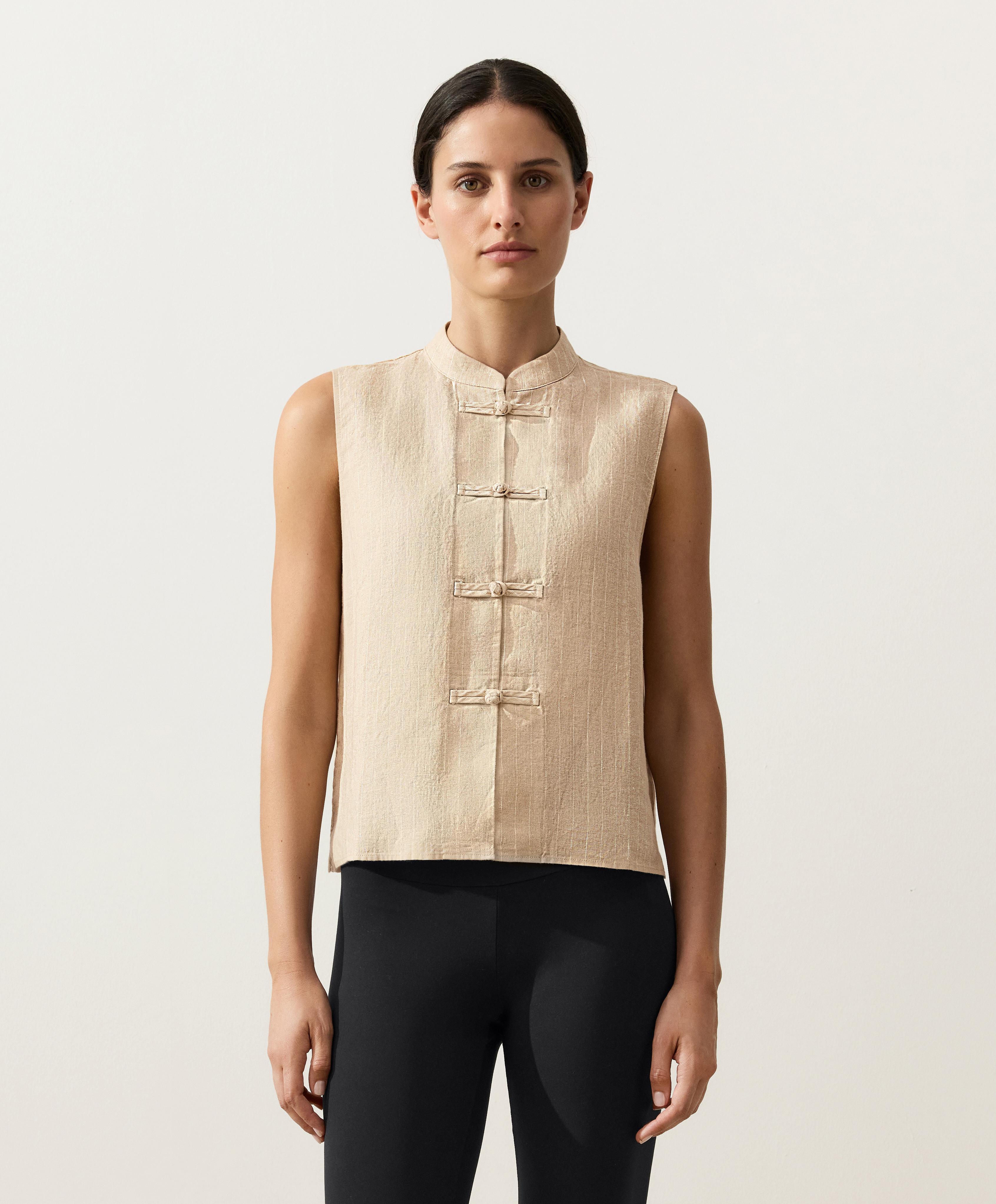 100% linen sleeveless stand-up collar shirt — SANDY