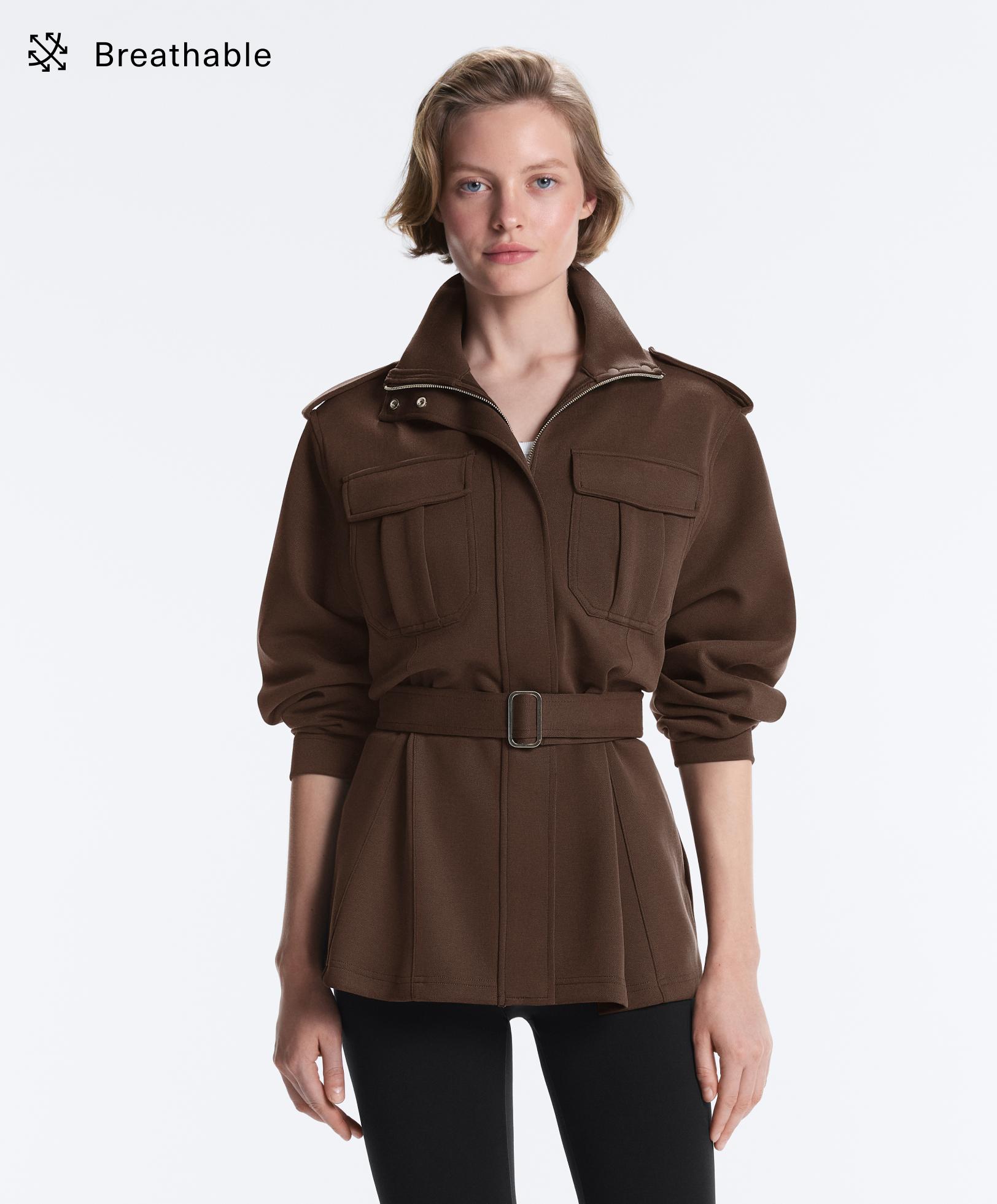 Long utility pique jacket with belt Long utility pique jacket with belt