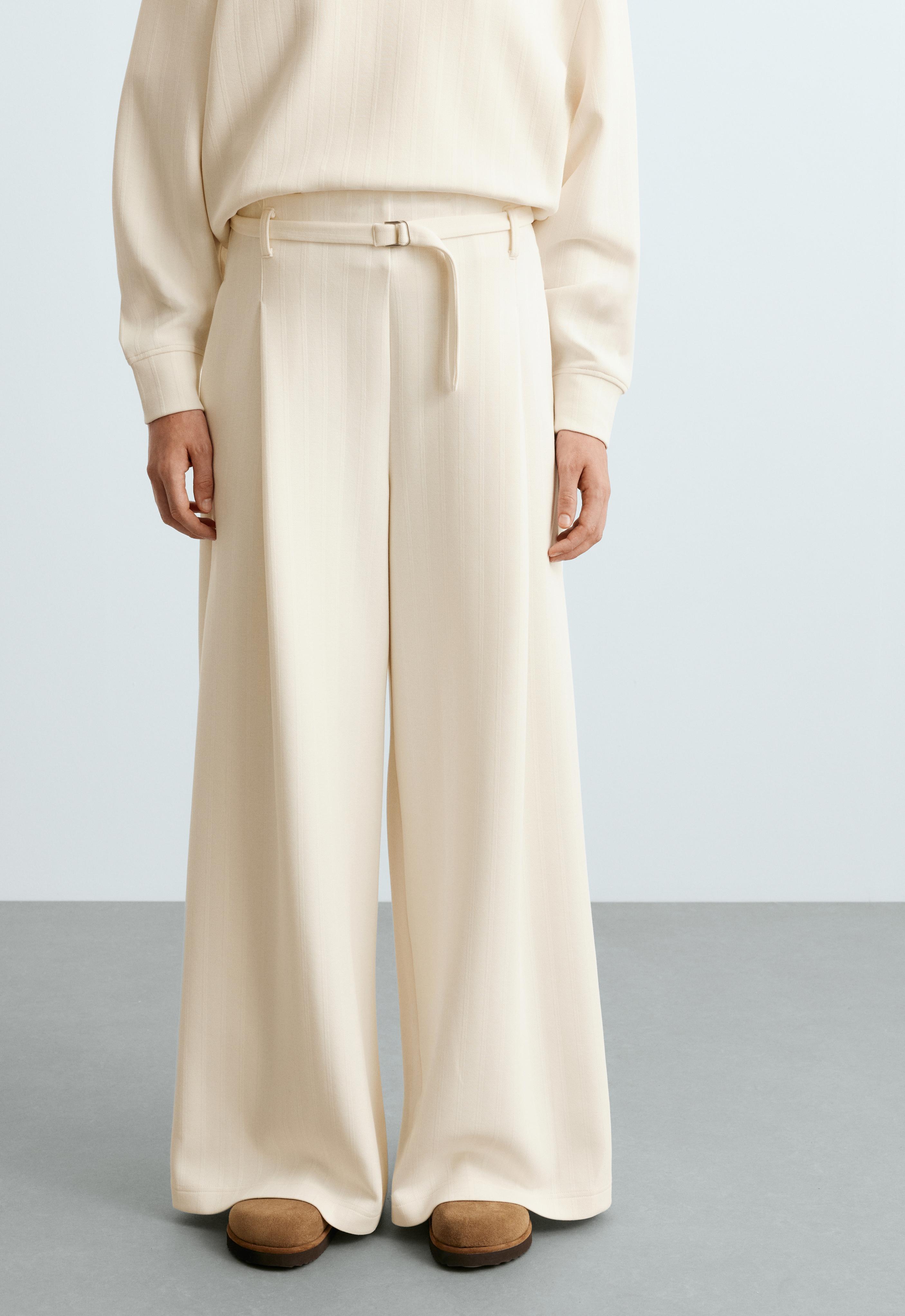 Striped cotton piqué wide-leg trousers — PALE ECRU