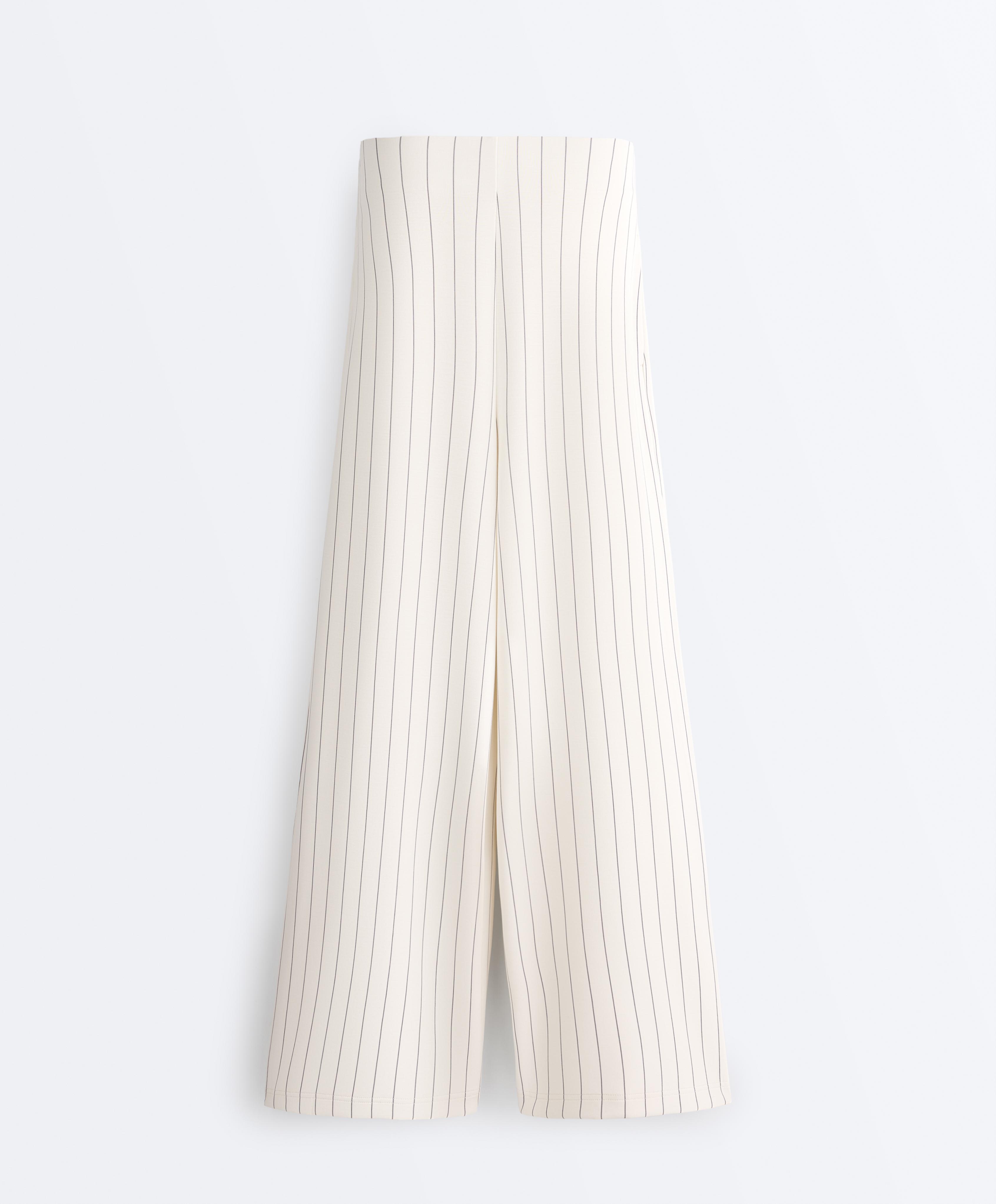 Soft touch pinstripe wide leg high rise trousers — ECRU