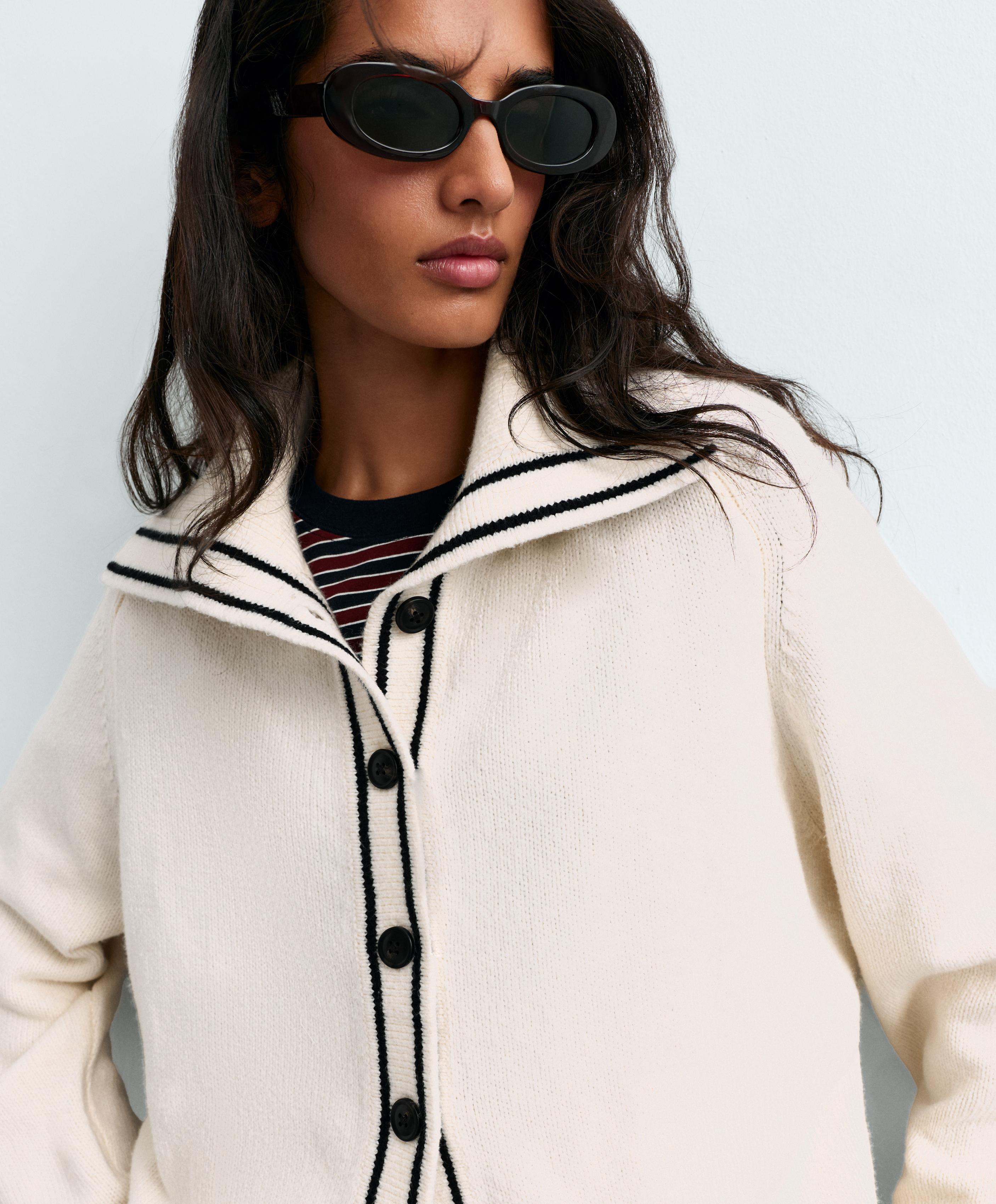 Cotton lapel collar cardigan — PALE ECRU