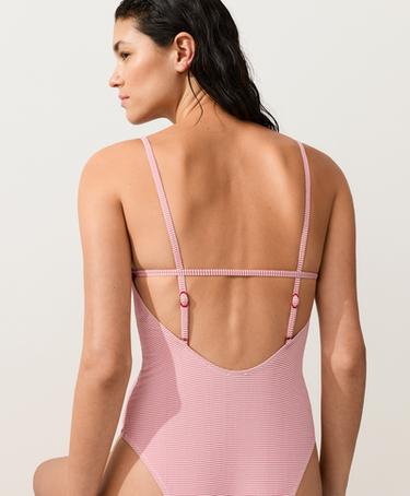 Stripe round neck swimsuit — RED 5