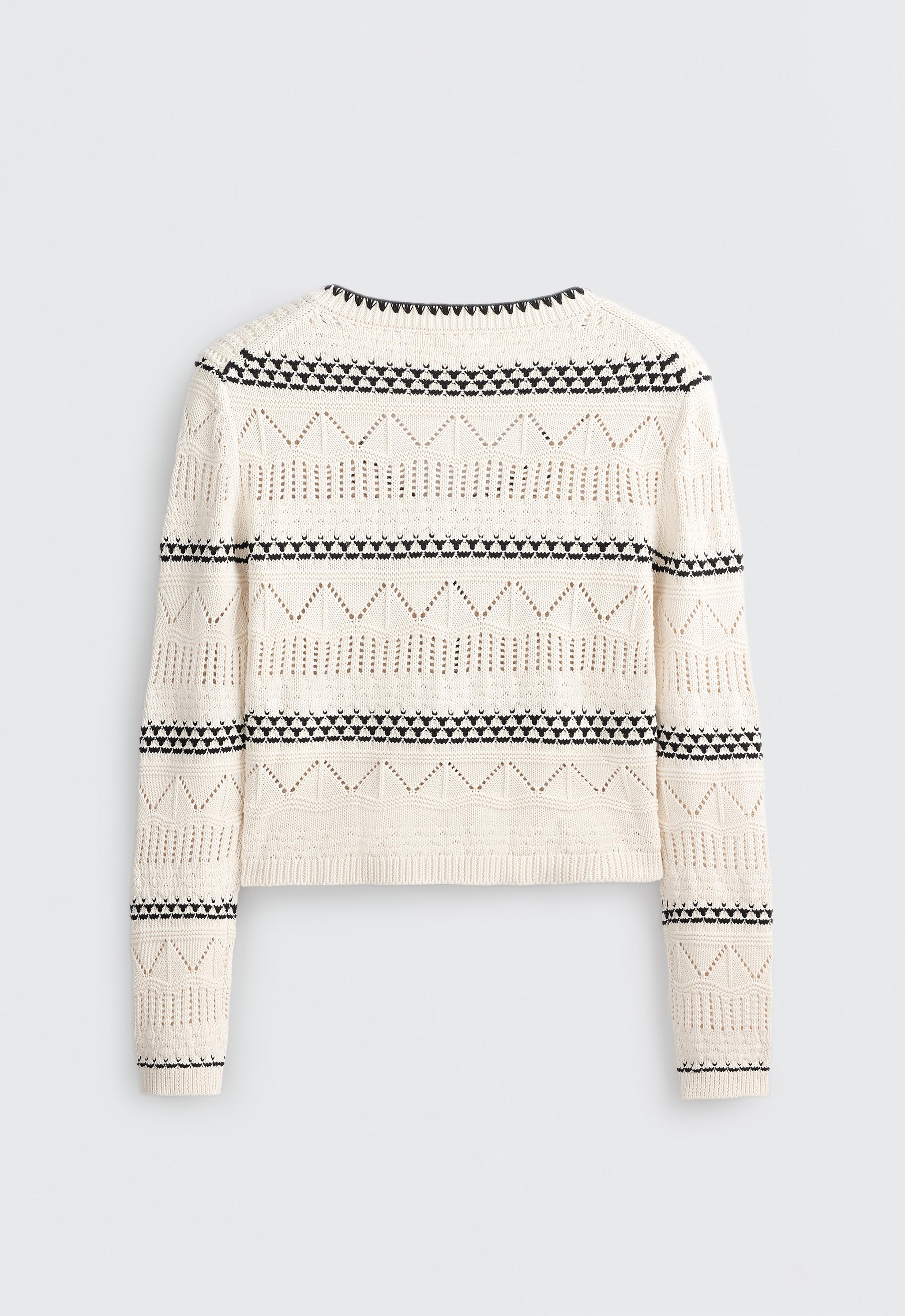 100% cotton contrast open-knit cardigan — PALE ECRU