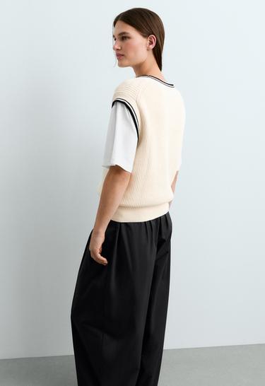 Contrast 100% cotton knit vest — PALE ECRU 4