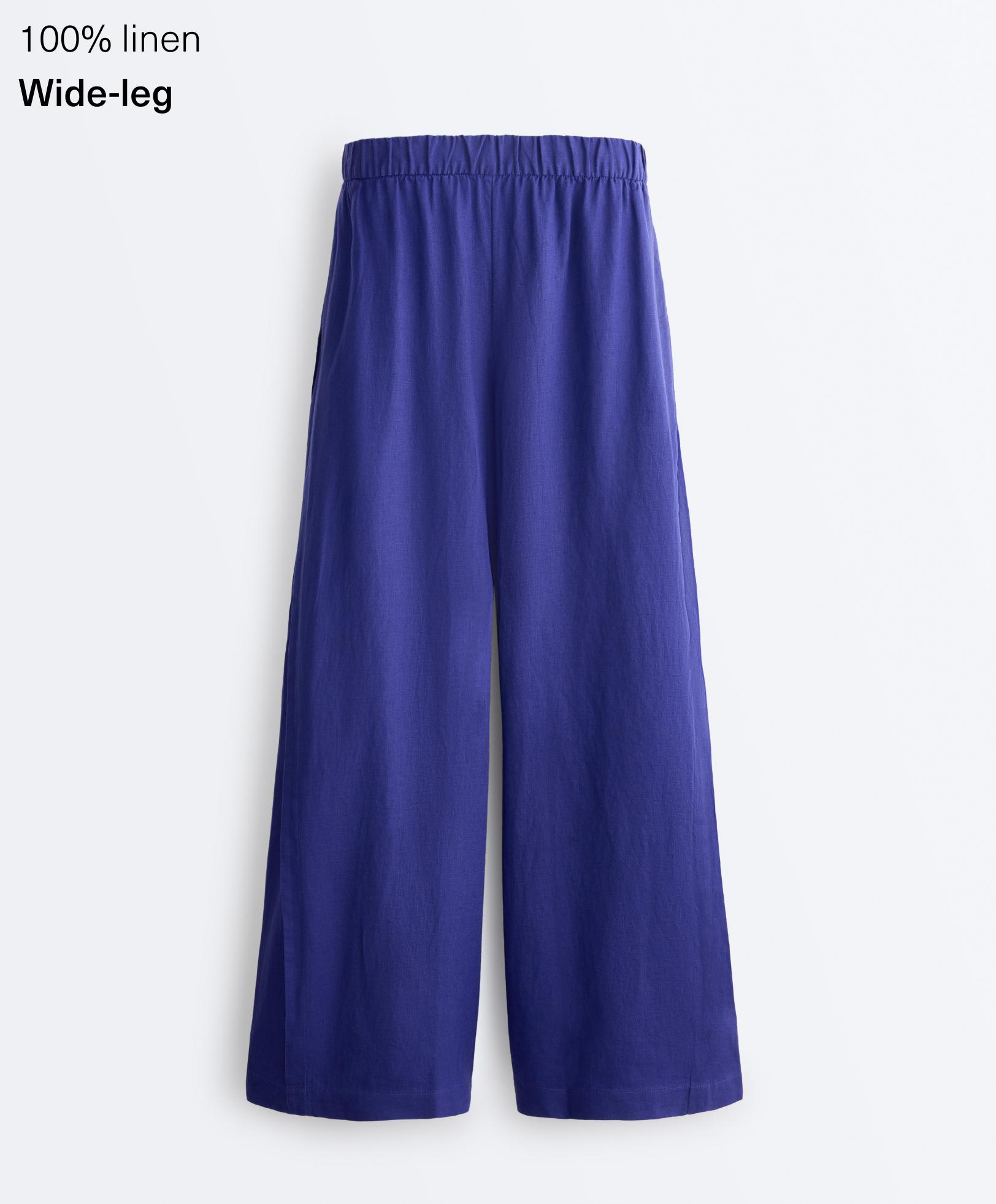 100% linen wide-leg trousers with side pleat — COBALT