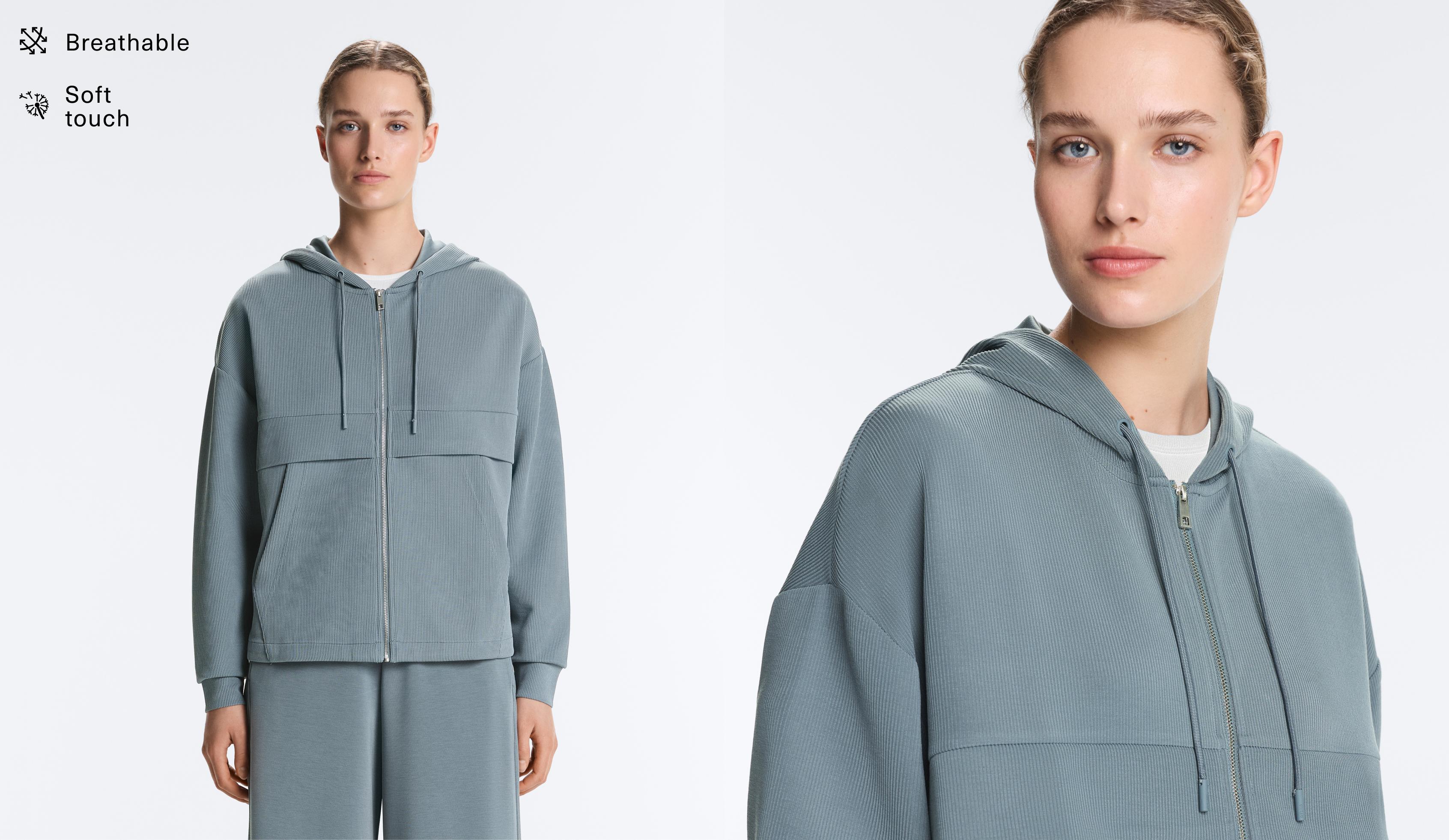 Soft-touch modal zip rib sweatshirt — DARK GREY-BLUE