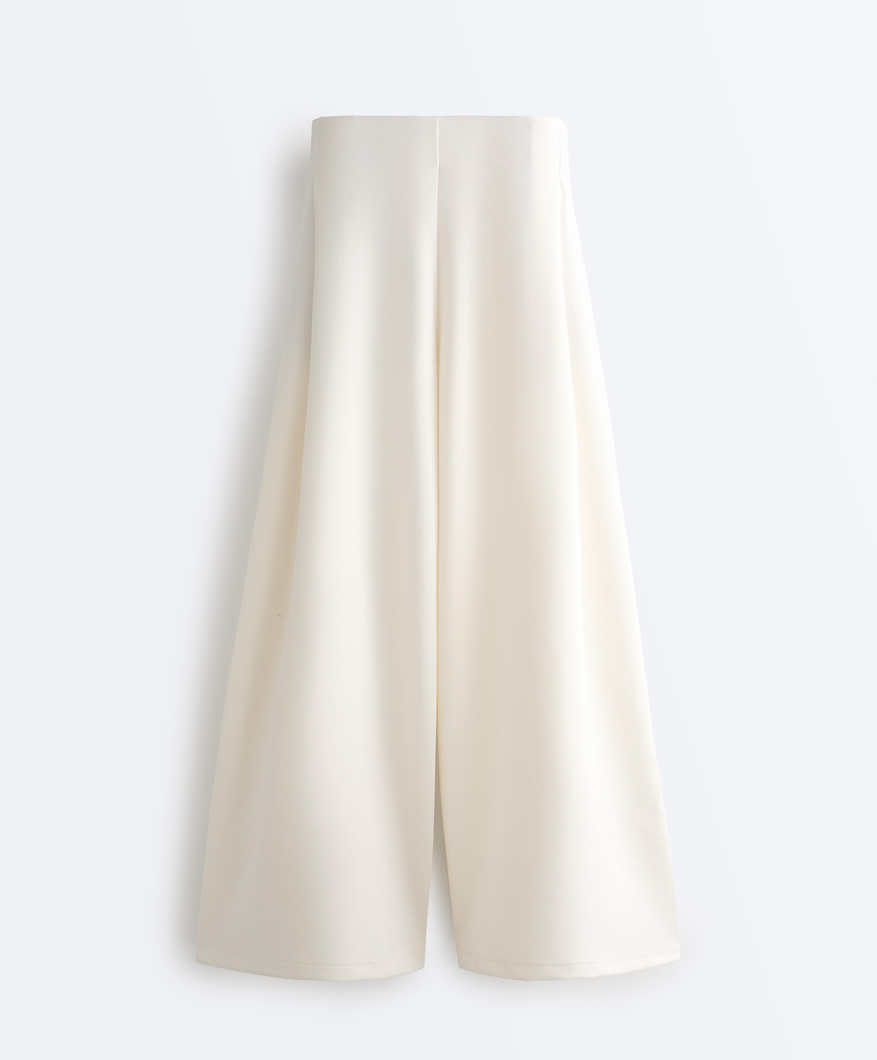 High rise twill wide-leg trousers with pleats — PALE ECRU