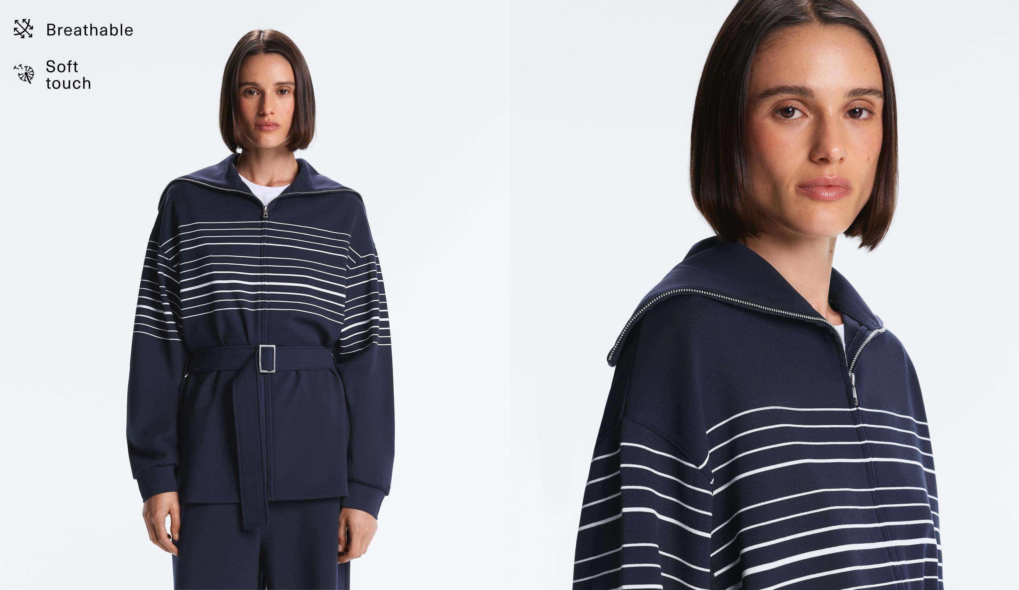 Long sailor stripe jacket with soft-touch modal — NAVY BLUE