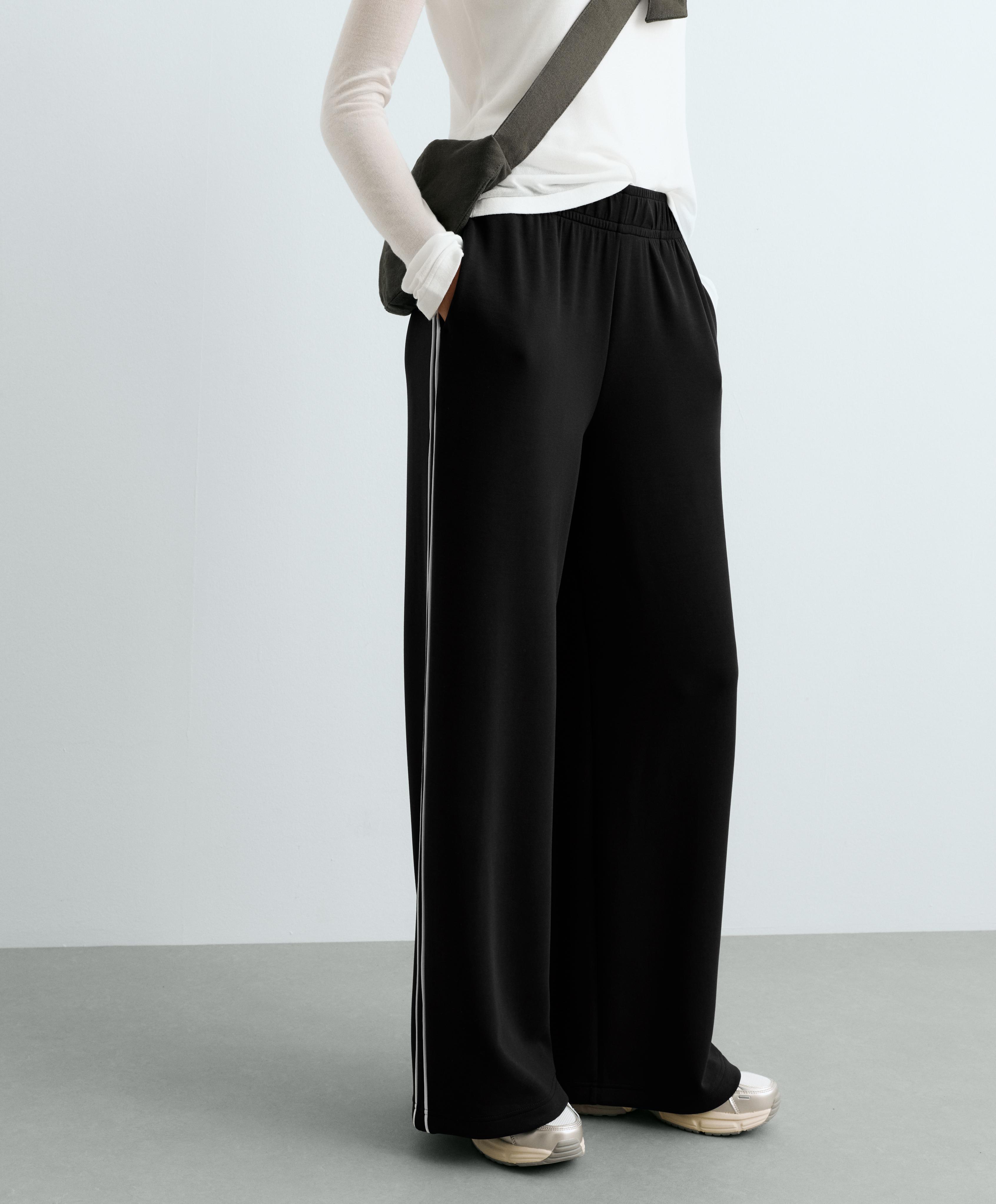 Wide-leg modal piping trousers — BLACK