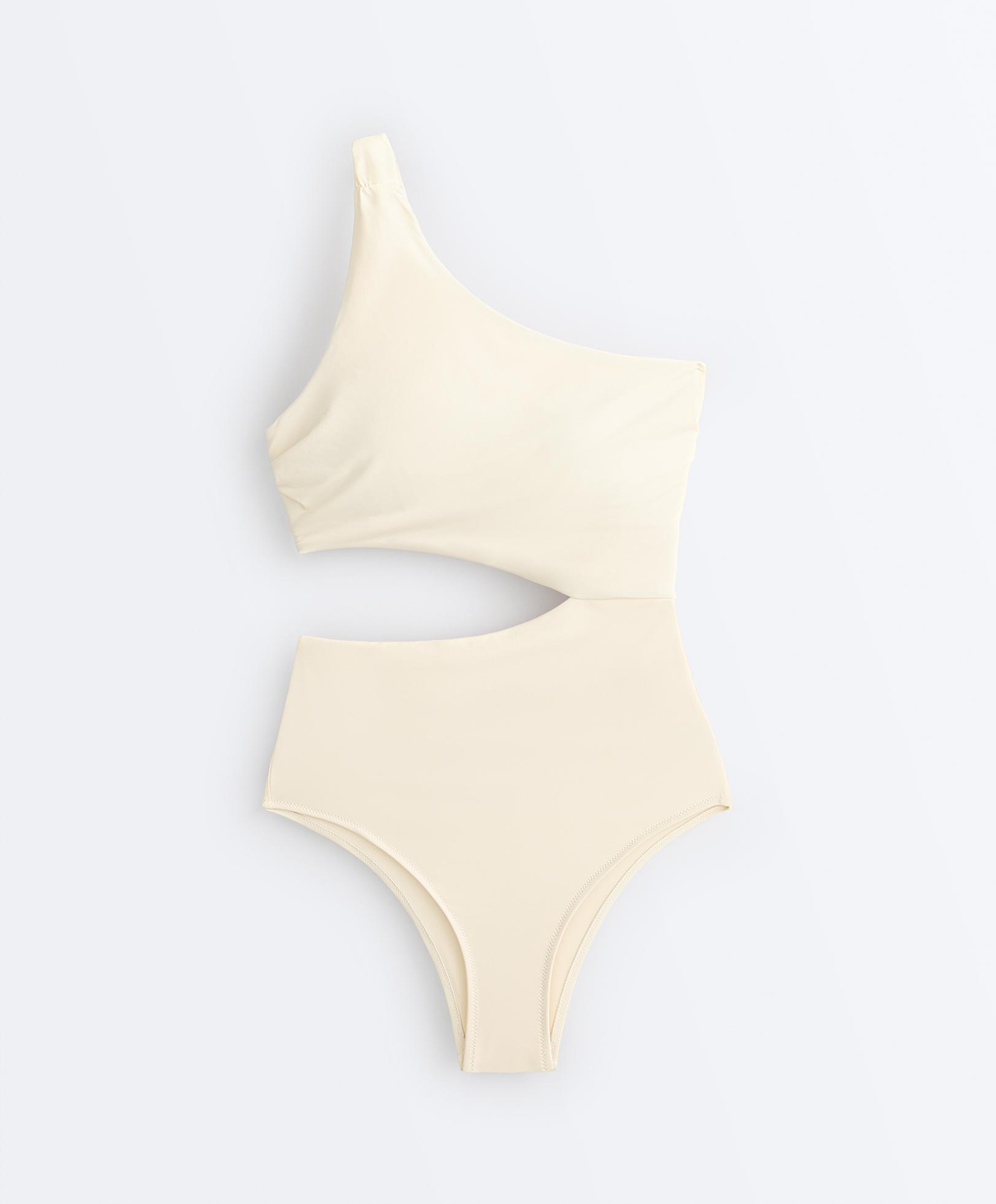 Asymmetric strap trikini — ECRU